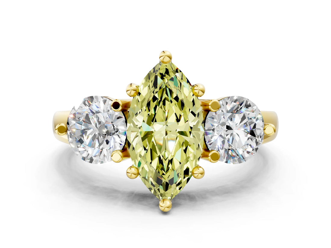 Yellow gold Three-Stone Fancy Yellow Marquise  Brilliant Cut Solitaire Ring with Prong Setting on a Classic Band