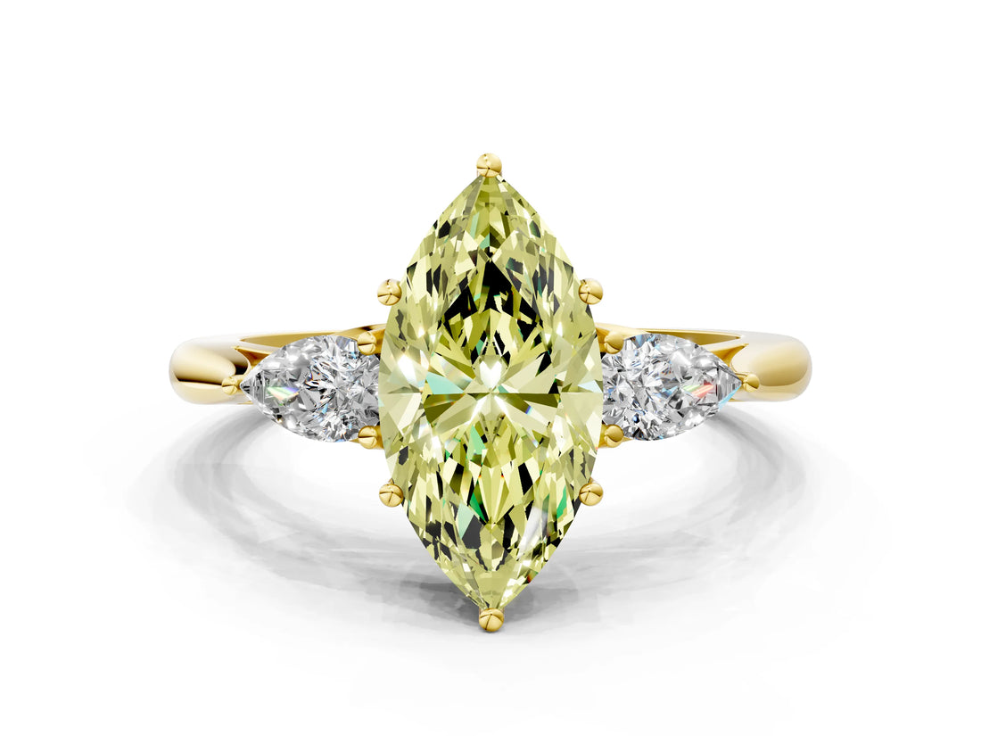 Yellow gold Three-Stone Fancy Yellow Marquise Cut Brilliant Diamond Solitaire Ring with Tapered Band and Four-Prong Setting_6