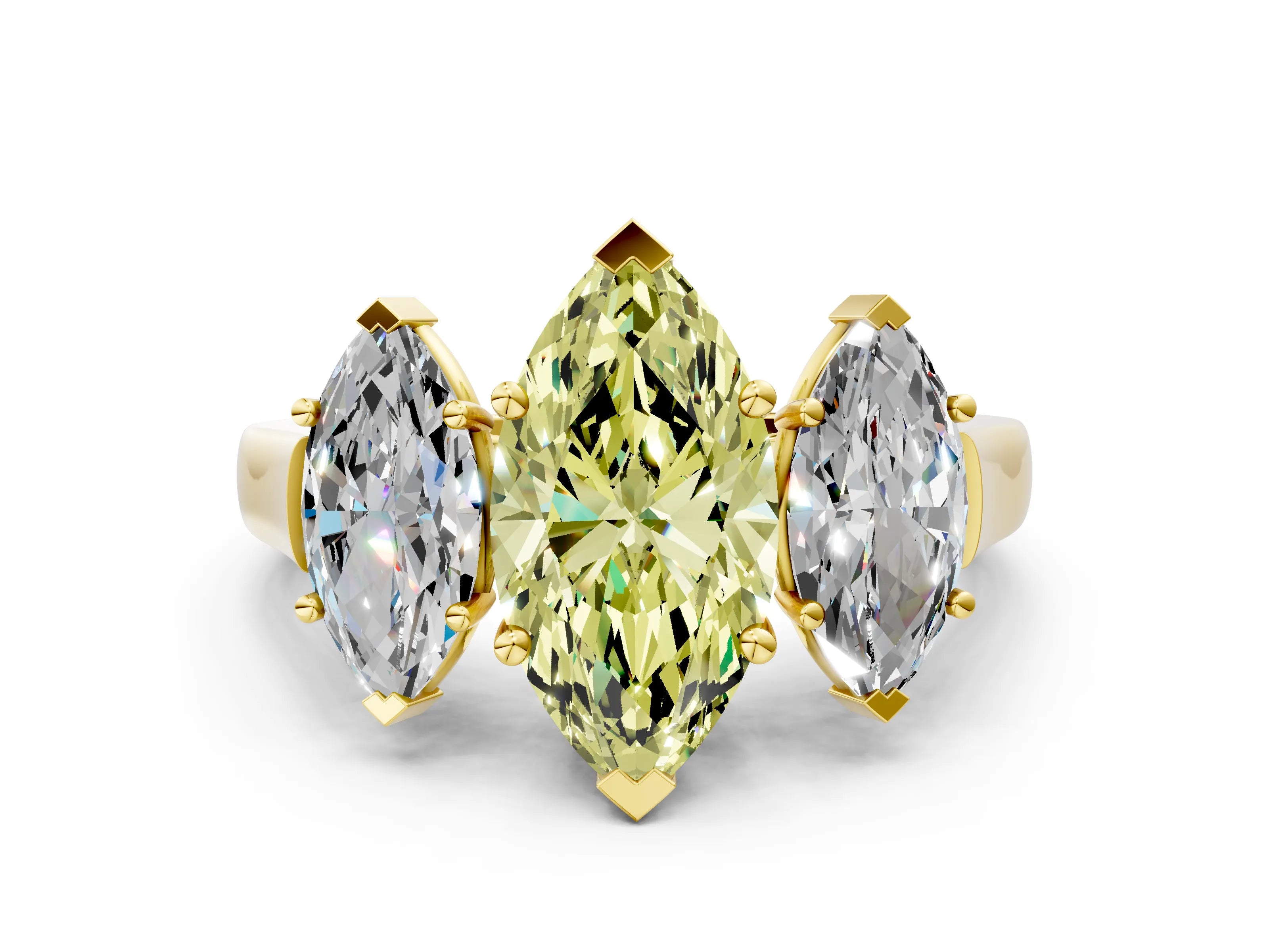 Yellow gold Three-Stone Fancy Yellow Marquise Cut Brilliant Diamond Trellis Ring with Comfort Fit Band