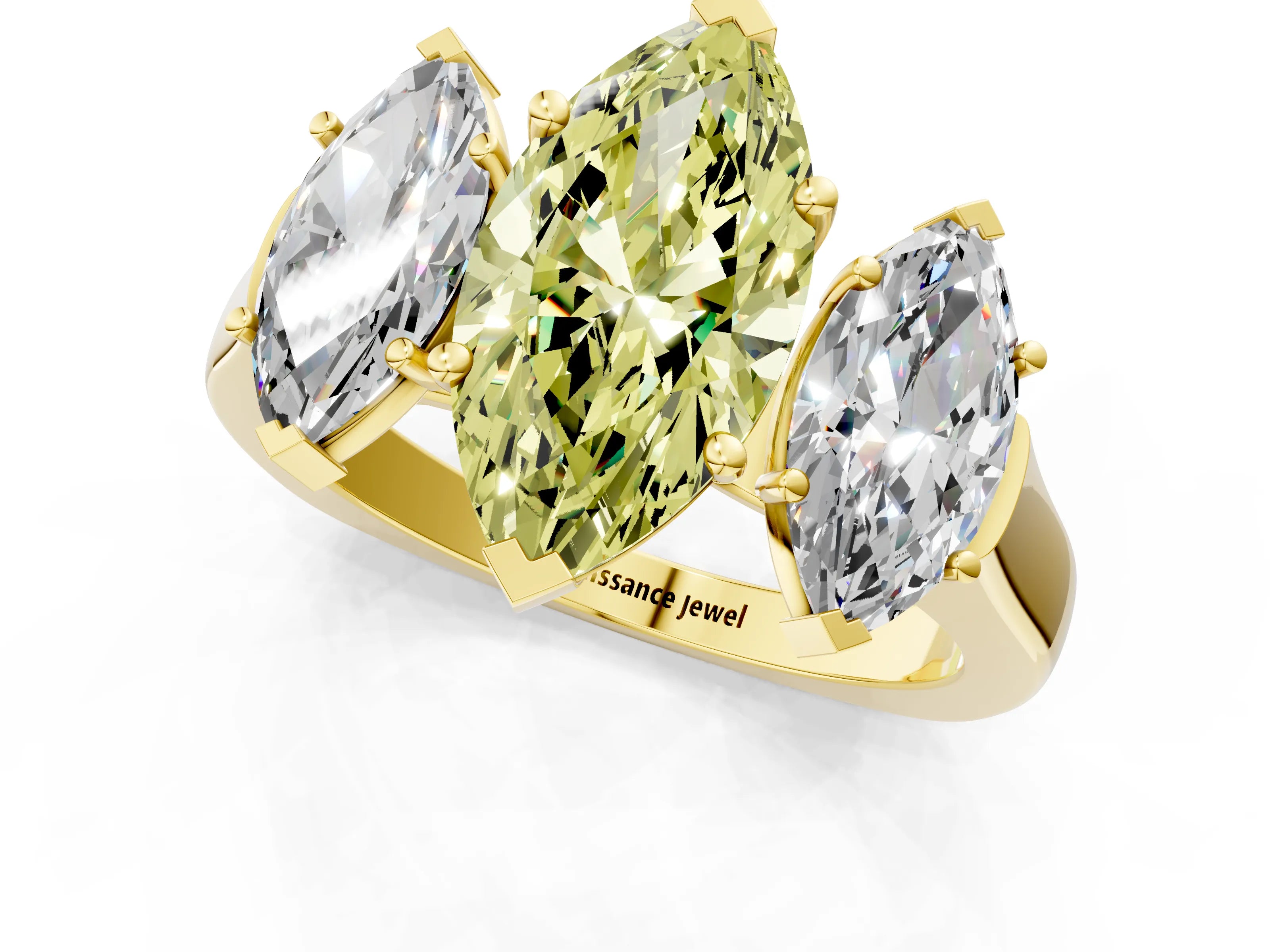 Yellow gold Three-Stone Fancy Yellow Marquise Cut Brilliant Diamond Trellis Ring with Comfort Fit Band_1