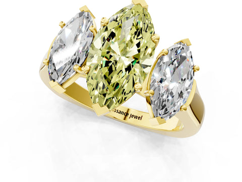 Yellow gold Three-Stone Fancy Yellow Marquise Cut Brilliant Diamond Trellis Ring with Comfort Fit Band_1