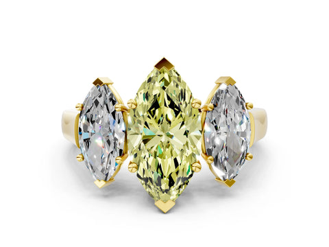 Yellow gold Three-Stone Fancy Yellow Marquise Cut Brilliant Diamond Trellis Ring with Comfort Fit Band
