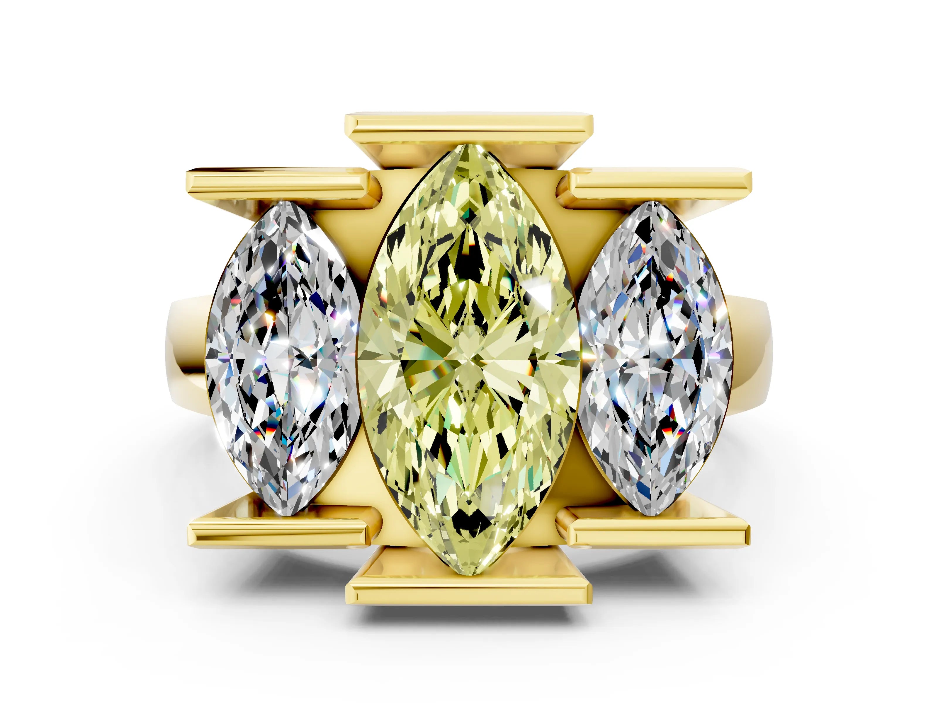 Yellow gold Three Stone Fancy Yellow Marquise Cut Cut Channel Set Diamond Ring