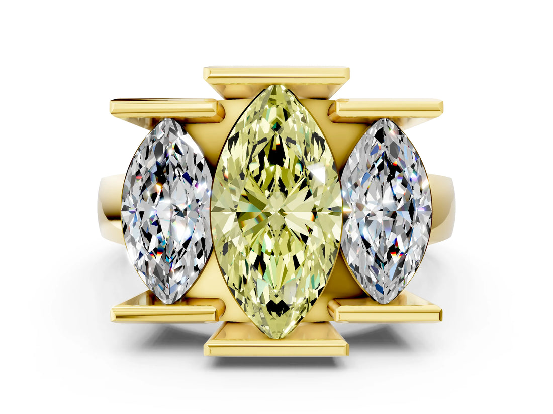 Yellow gold Three Stone Fancy Yellow Marquise Cut Cut Channel Set Diamond Ring