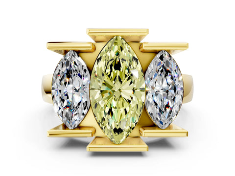 Yellow gold Three Stone Fancy Yellow Marquise Cut Cut Channel Set Diamond Ring