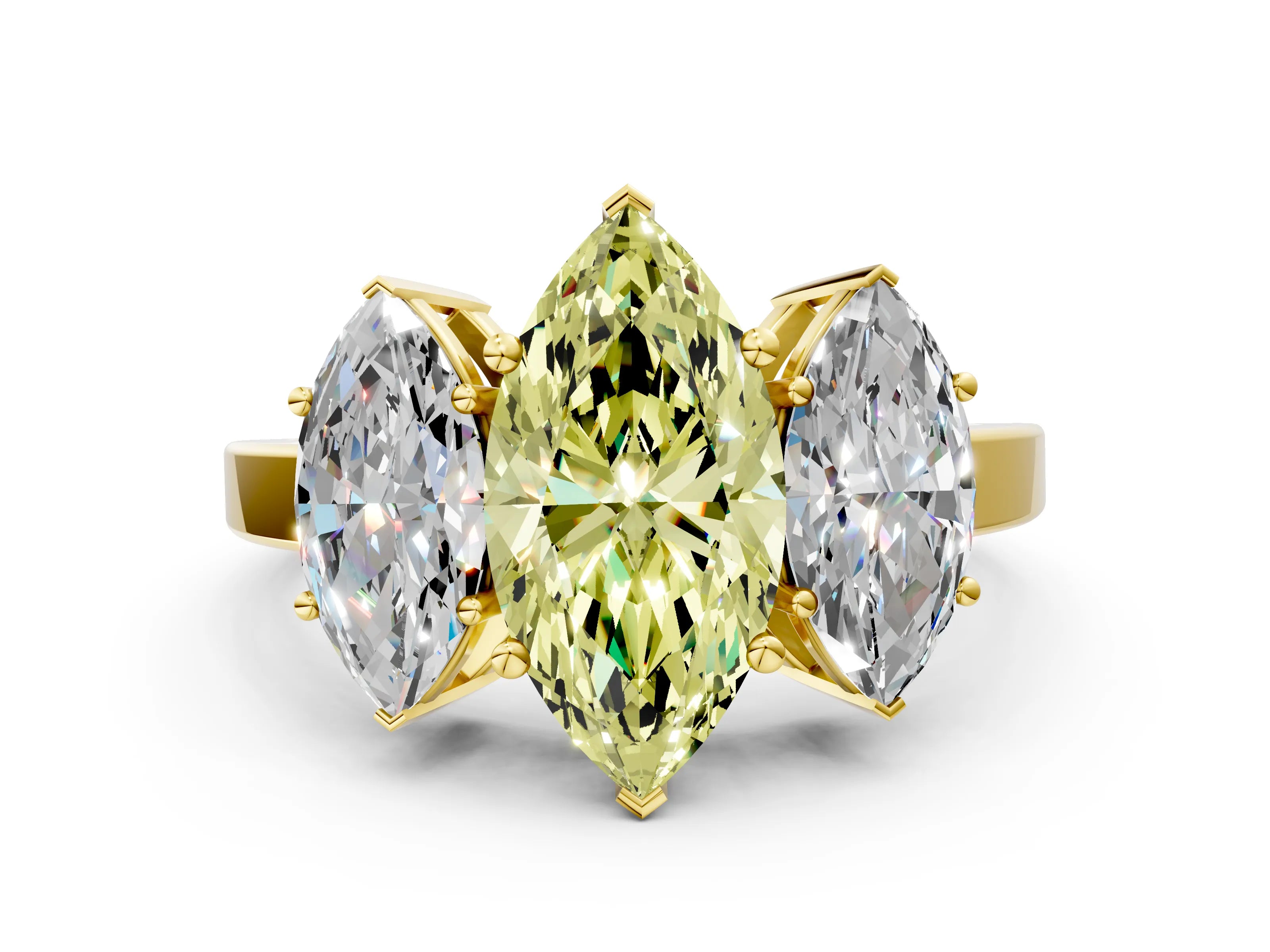 Yellow gold Three-Stone Fancy Yellow Marquise Cut Cut Diamond Engagement Ring with Flat Band and Four-Prong Setting