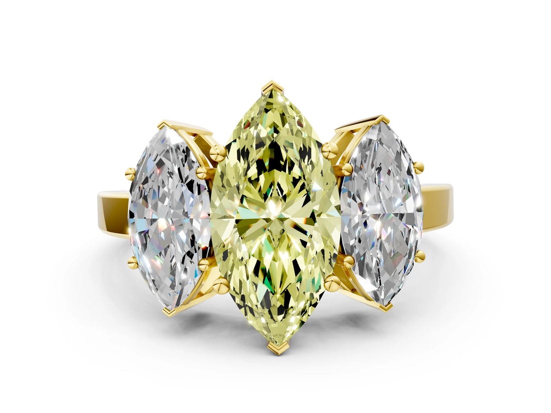 Yellow gold Three-Stone Fancy Yellow Marquise Cut Cut Diamond Engagement Ring with Flat Band and Four-Prong Setting