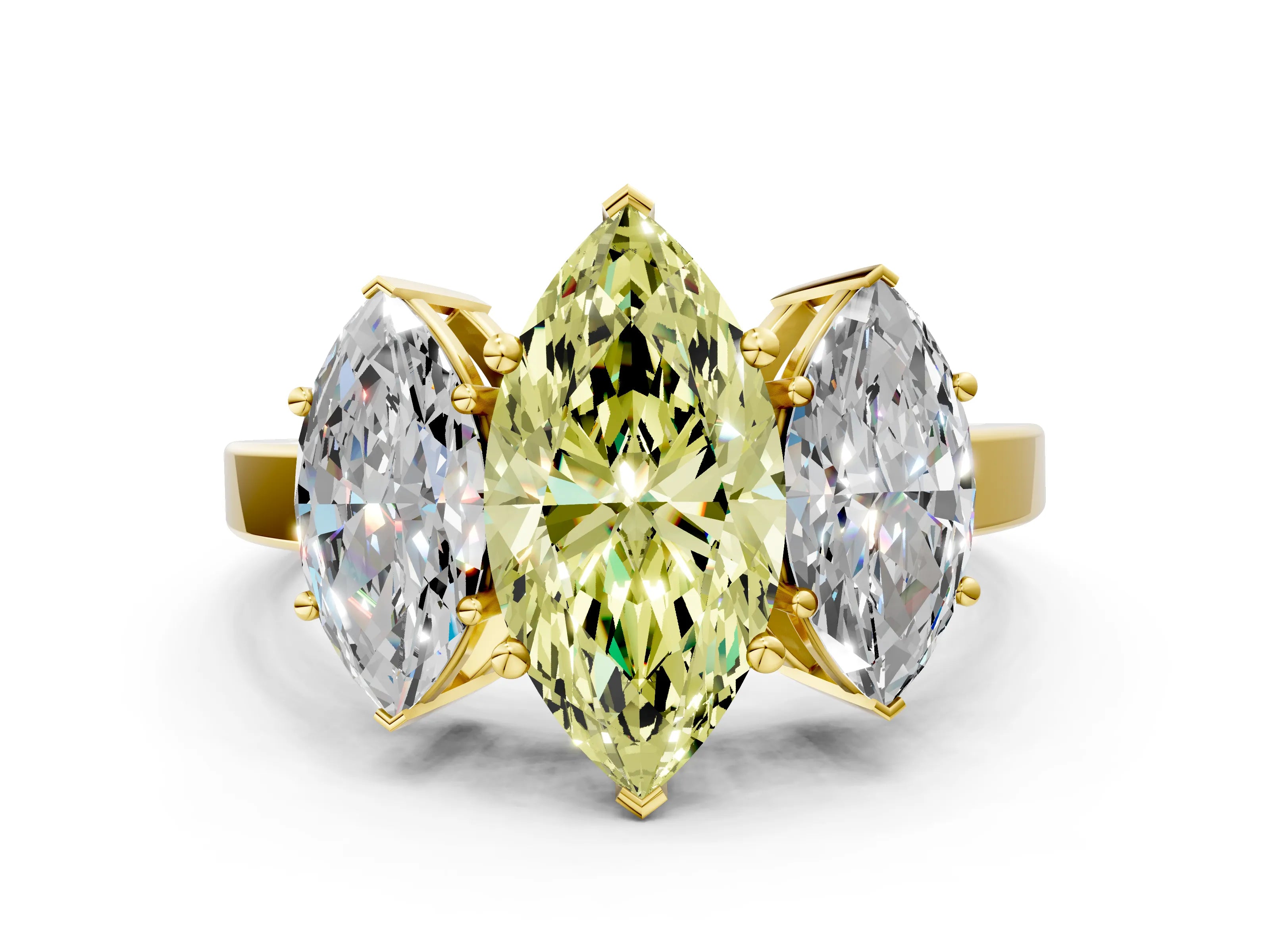 Yellow gold Three-Stone Fancy Yellow Marquise Cut Cut Diamond Engagement Ring with Flat Band and Four-Prong Setting_12