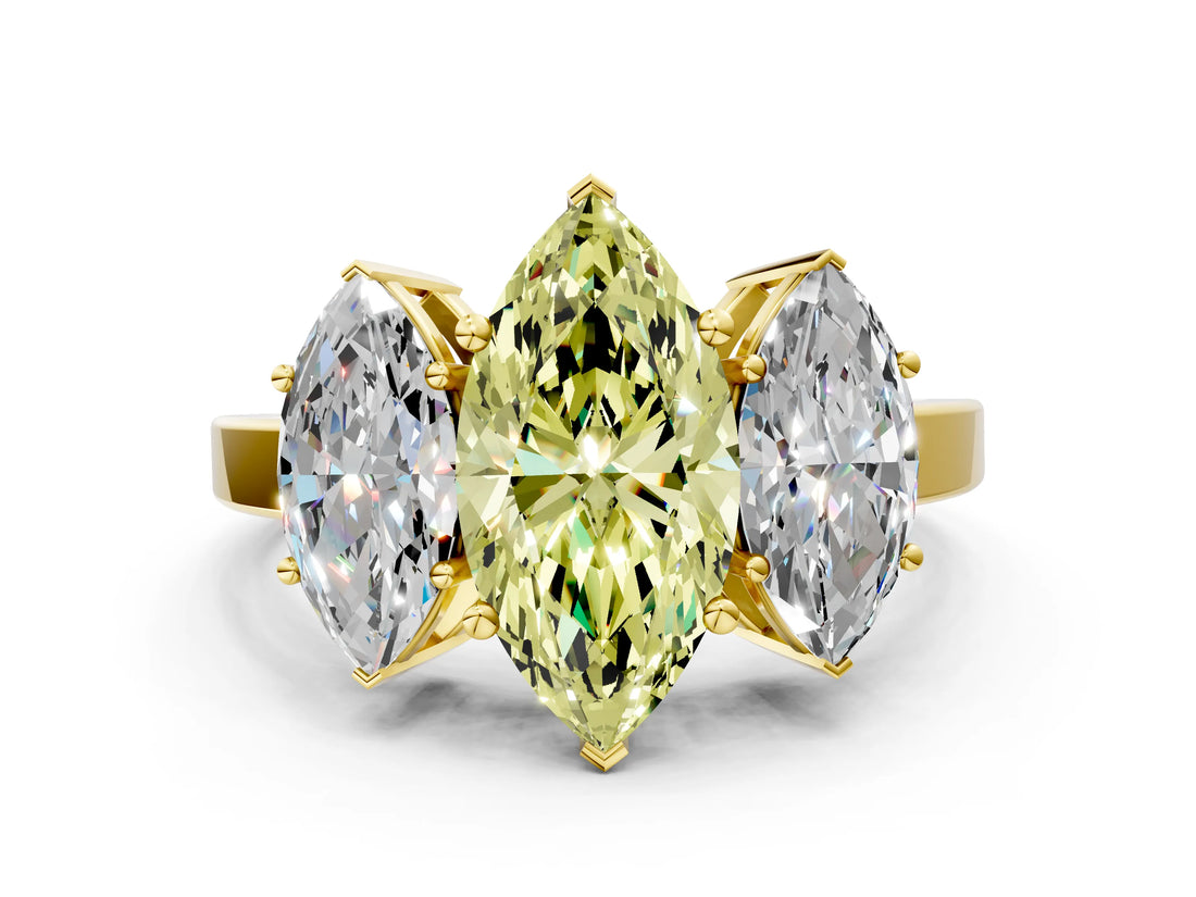 Yellow gold Three-Stone Fancy Yellow Marquise Cut Cut Diamond Engagement Ring with Flat Band and Four-Prong Setting_12