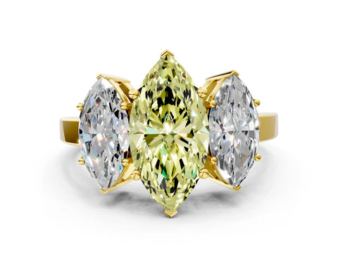 Yellow gold Three-Stone Fancy Yellow Marquise Cut Cut Diamond Engagement Ring with Flat Band and Four-Prong Setting_12