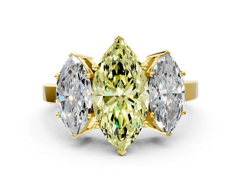 Yellow gold Three-Stone Fancy Yellow Marquise Cut Cut Diamond Engagement Ring with Flat Band and Four-Prong Setting