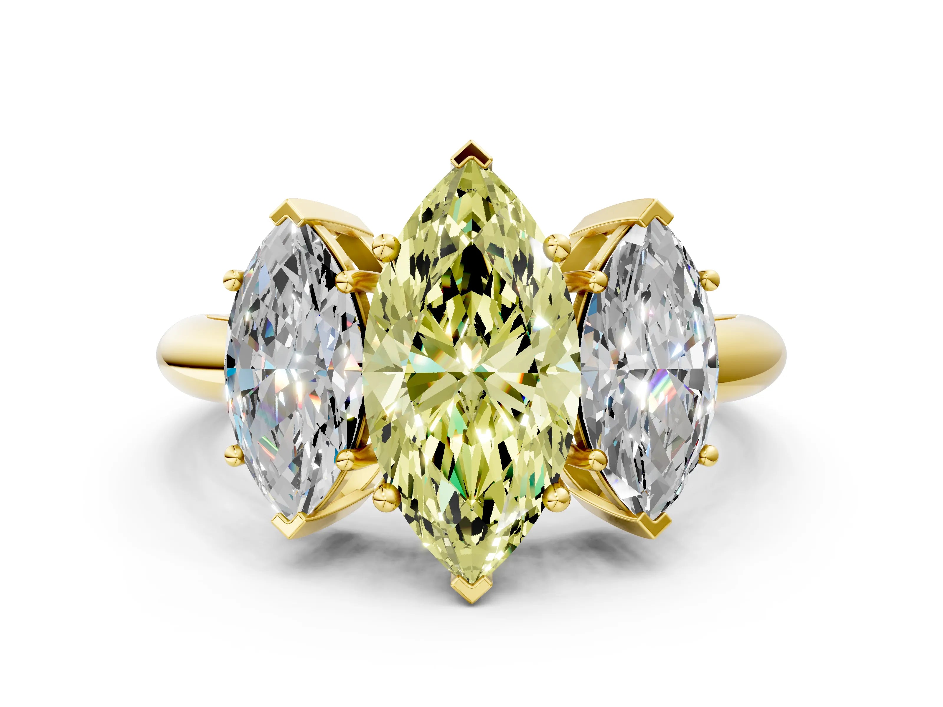 Yellow gold Three-Stone Fancy Yellow Marquise Cut Cut Diamond Engagement Ring with Prong Setting on a White Gold Band
