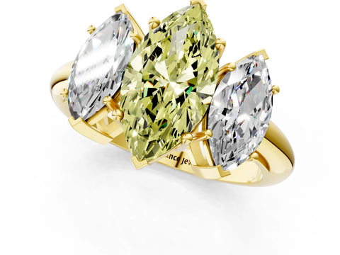 Yellow gold Three-Stone Fancy Yellow Marquise Cut Cut Diamond Engagement Ring with Prong Setting on a White Gold Band_1