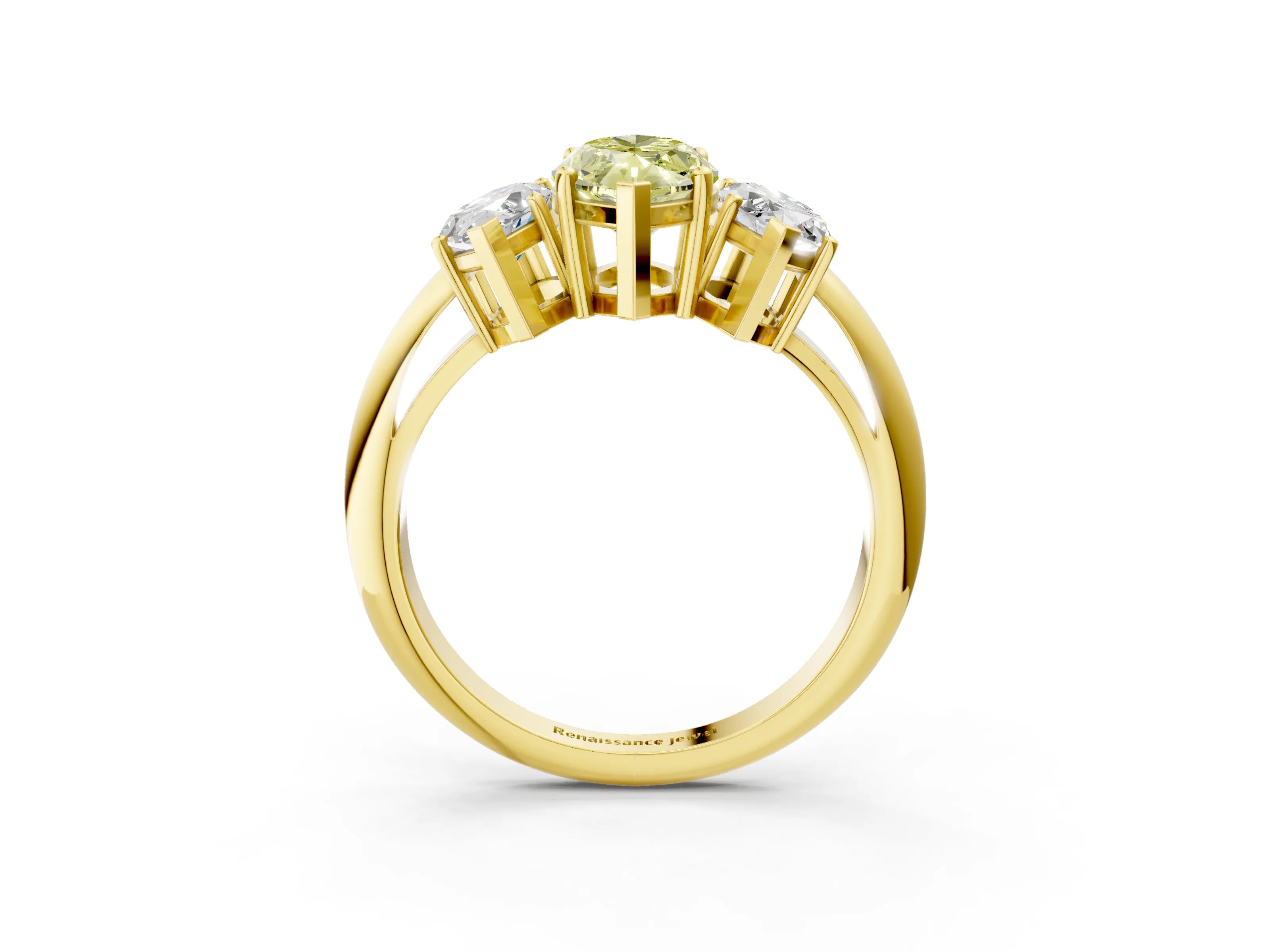 Yellow gold Three-Stone Fancy Yellow Marquise Cut Cut Diamond Engagement Ring with Prong Setting on a White Gold Band_3