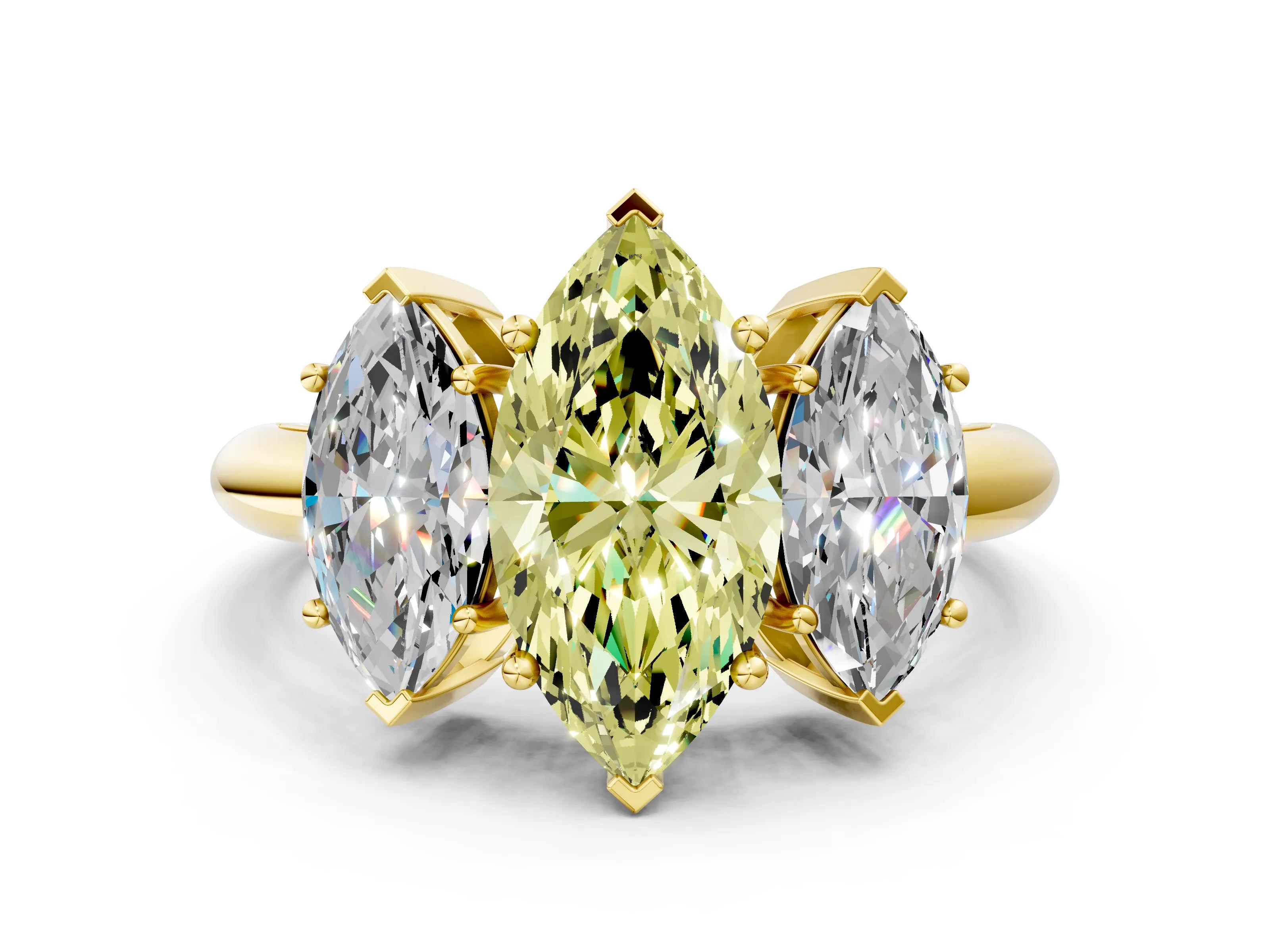Yellow gold Three-Stone Fancy Yellow Marquise Cut Cut Diamond Engagement Ring with Prong Setting on a White Gold Band_48