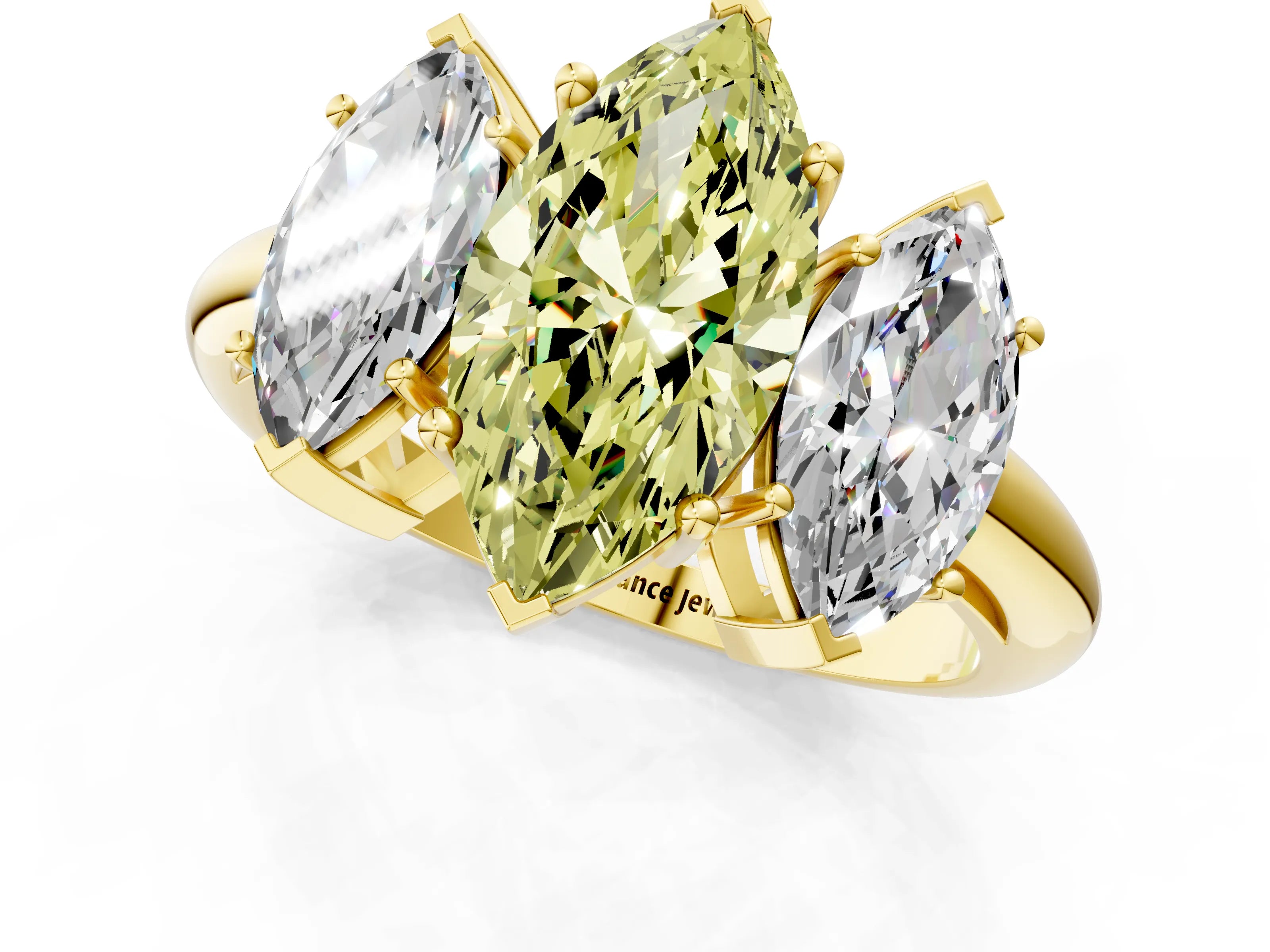 Yellow gold Three-Stone Fancy Yellow Marquise Cut Cut Diamond Engagement Ring with Prong Setting on a White Gold Band_49
