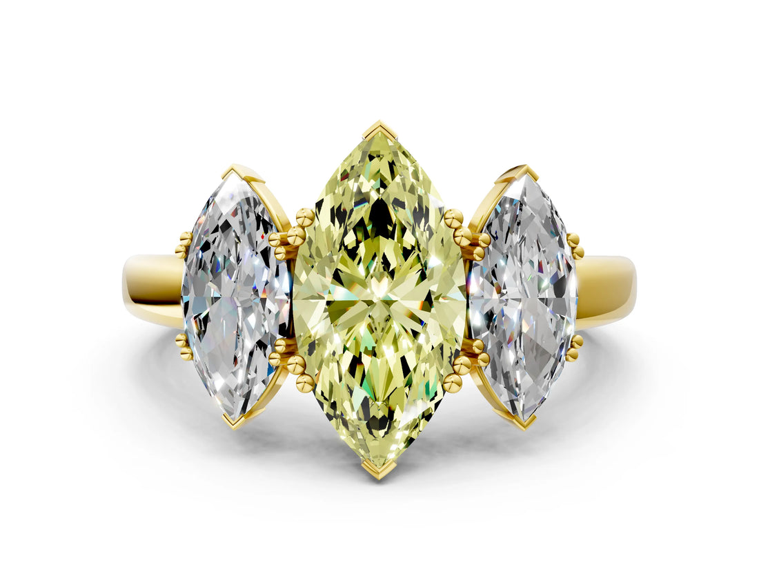 Yellow gold Three-Stone Fancy Yellow Marquise Cut Cut Diamond Ring with Channel Set Band and Four-Prong Setting