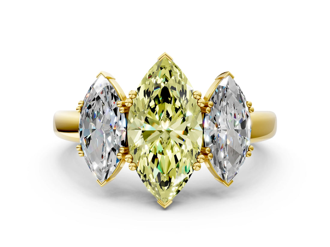 Yellow gold Three-Stone Fancy Yellow Marquise Cut Cut Diamond Ring with Channel Set Band and Four-Prong Setting_24