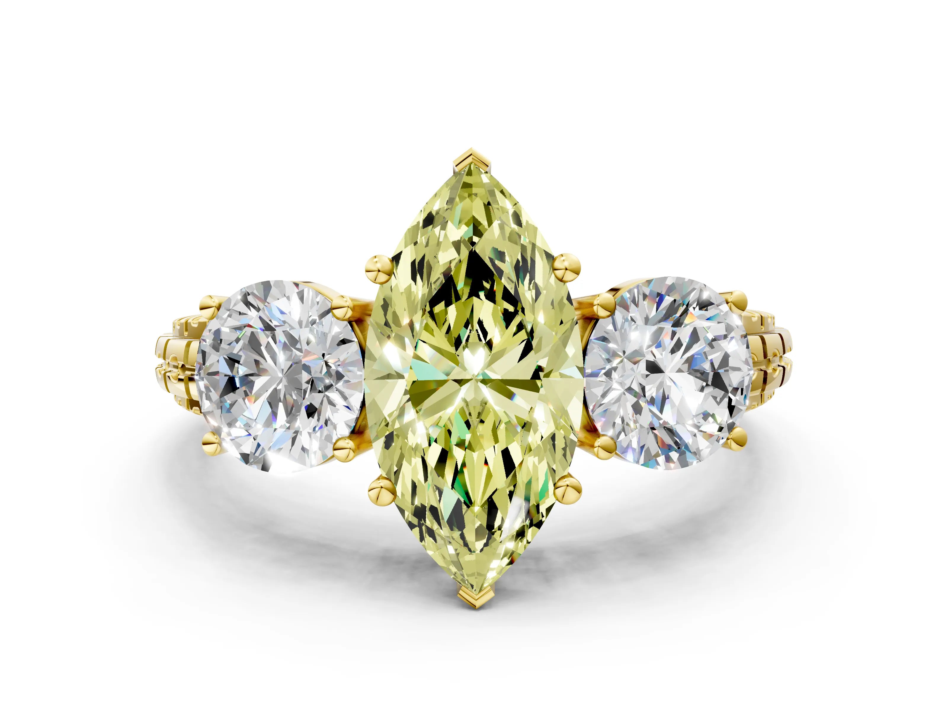 Yellow gold Three-Stone Fancy Yellow Marquise Cut Cut Diamond Ring with Channel-Set Band and Prong Setting