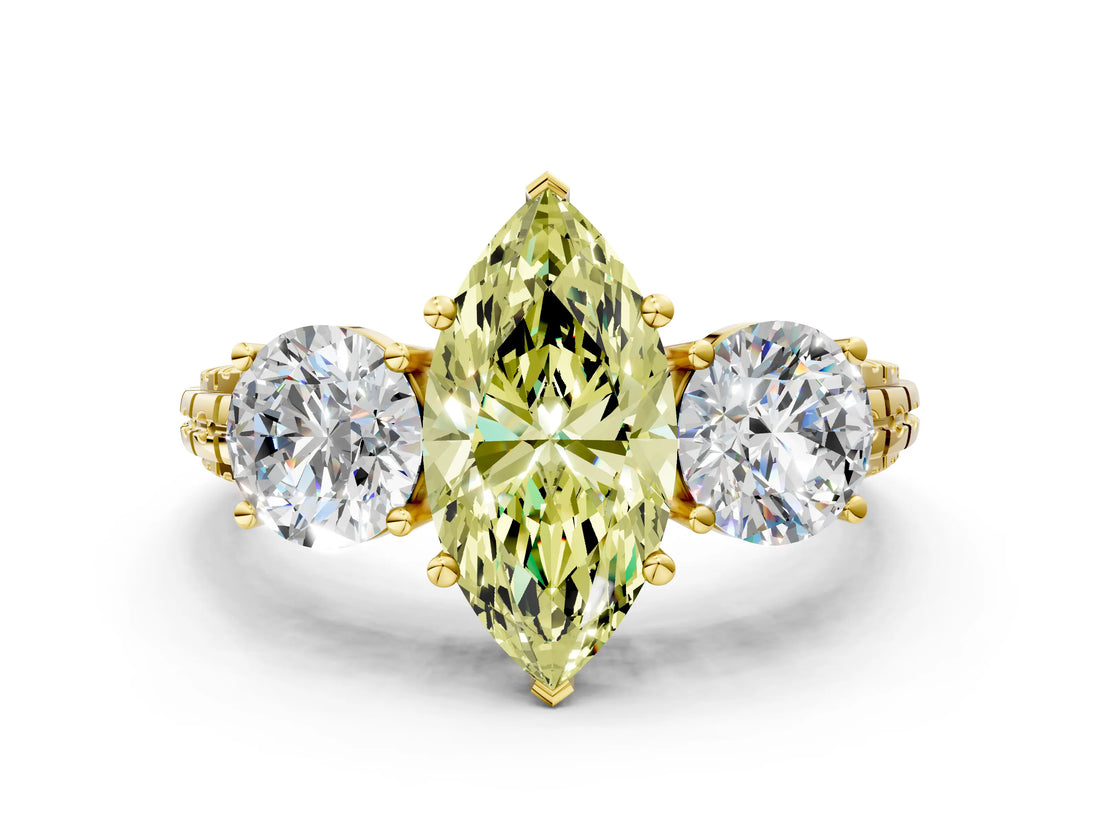 Yellow gold Three-Stone Fancy Yellow Marquise Cut Cut Diamond Ring with Channel-Set Band and Prong Setting
