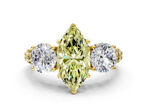 Yellow gold Three-Stone Fancy Yellow Marquise Cut Cut Diamond Ring with Channel-Set Band and Prong Setting