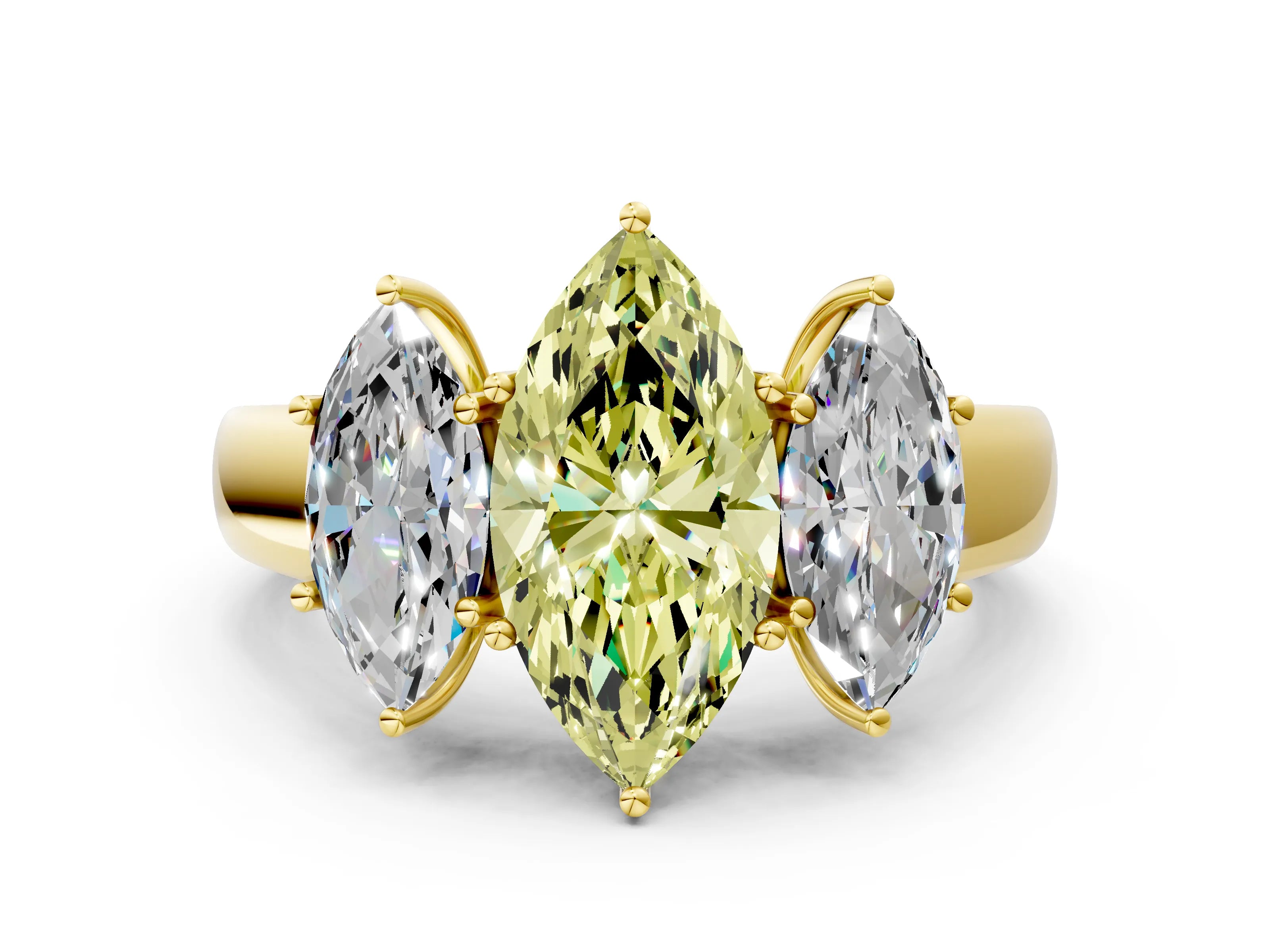 Yellow gold Three-Stone Fancy Yellow Marquise Cut Cut Diamond Ring with Prong Setting and Classic Band