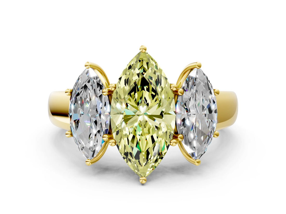 Yellow gold Three-Stone Fancy Yellow Marquise Cut Cut Diamond Ring with Prong Setting and Classic Band