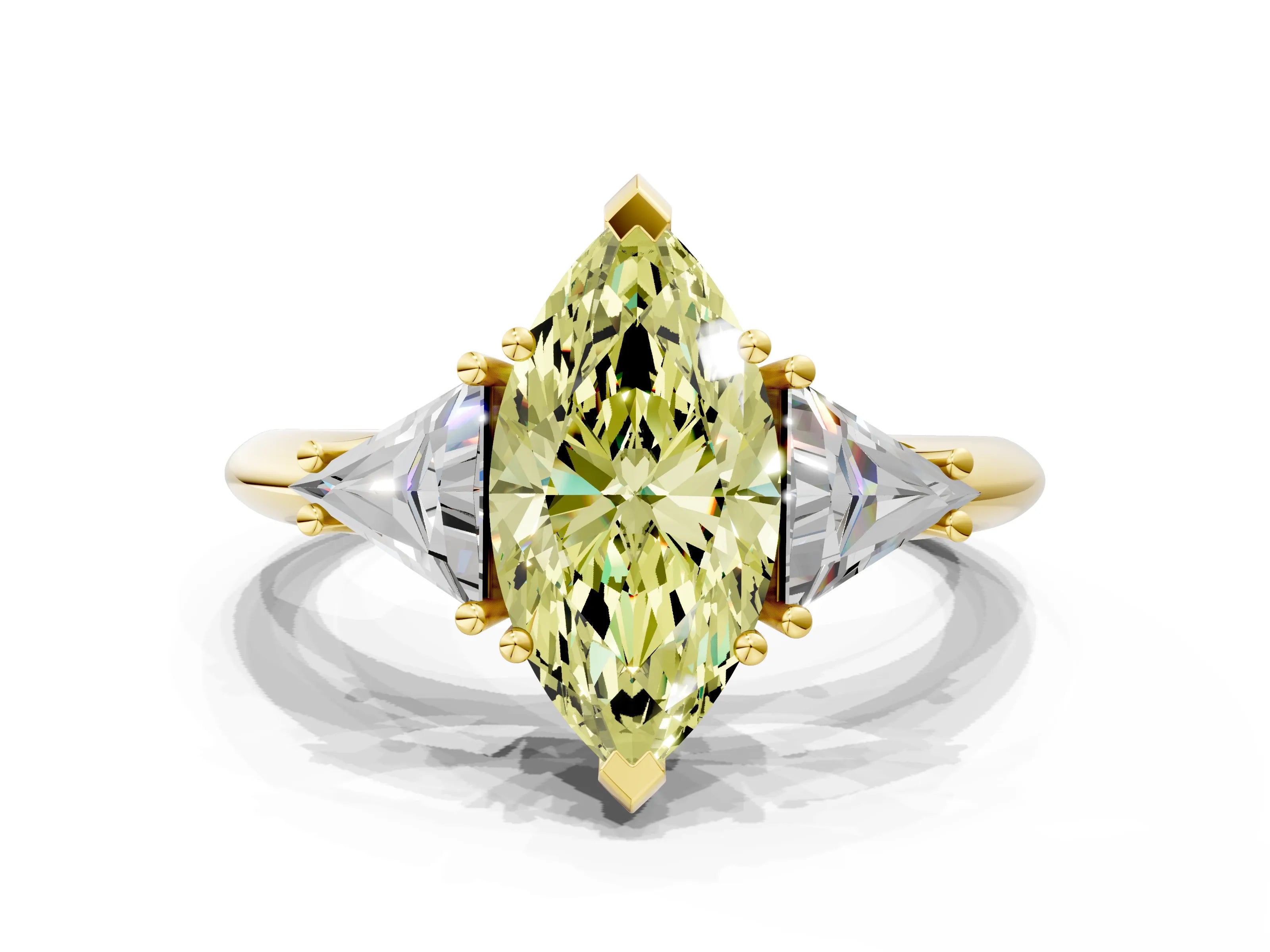 Yellow gold Three-Stone Fancy Yellow Marquise Cut Cut Diamond Ring with Trillion Side Stones and Four-Prong Setting_3