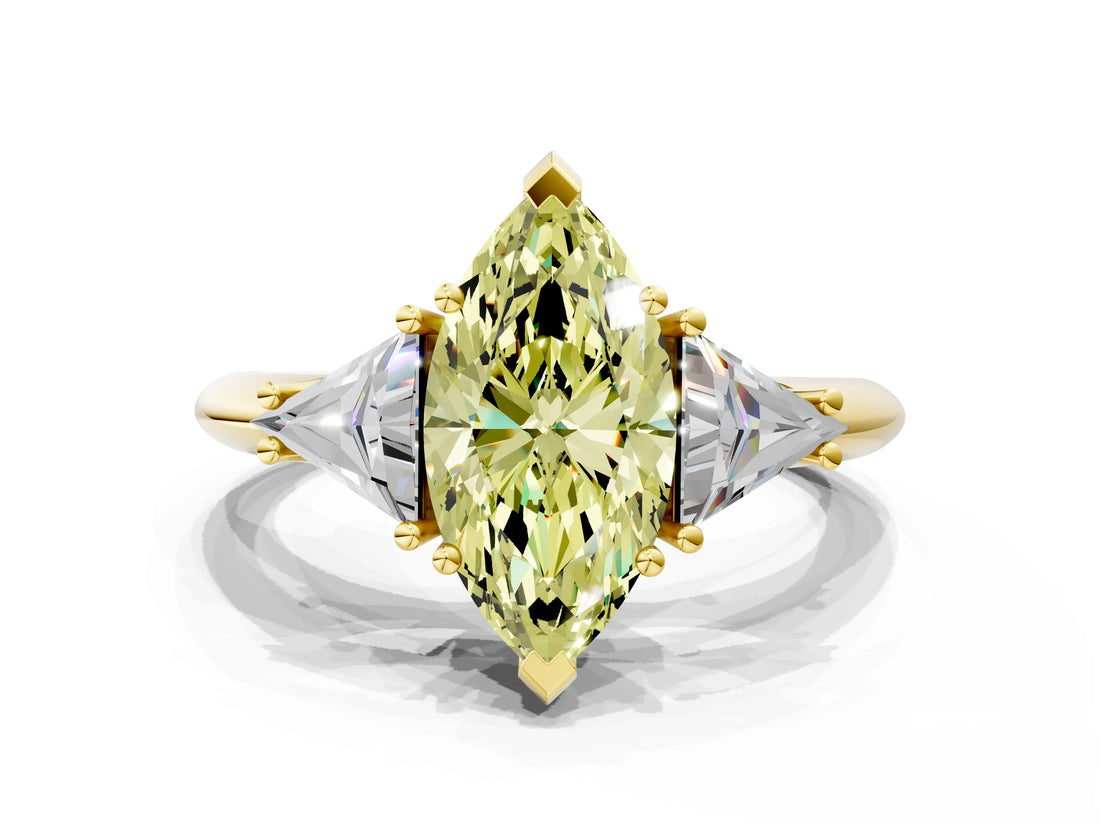 Yellow gold Three-Stone Fancy Yellow Marquise Cut Cut Diamond Ring with Trillion Side Stones and Four-Prong Setting_3