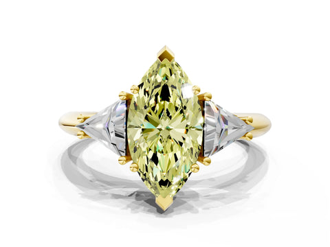 Yellow gold Three-Stone Fancy Yellow Marquise Cut Cut Diamond Ring with Trillion Side Stones and Four-Prong Setting_3