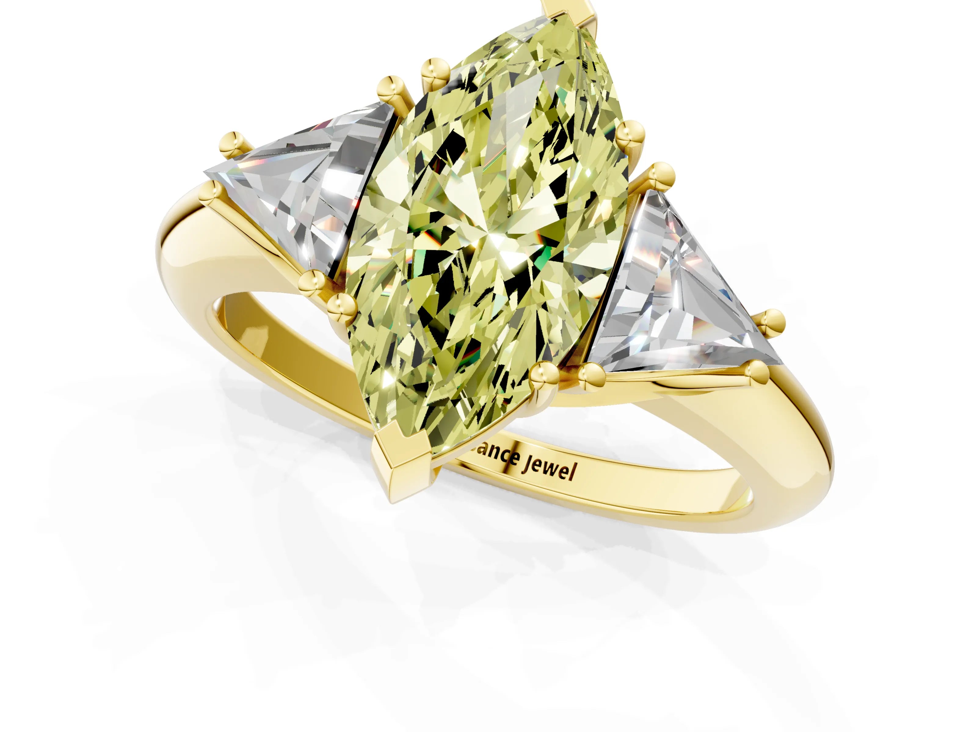 Yellow gold Three-Stone Fancy Yellow Marquise Cut Cut Diamond Ring with Trillion Side Stones and Four-Prong Setting_4