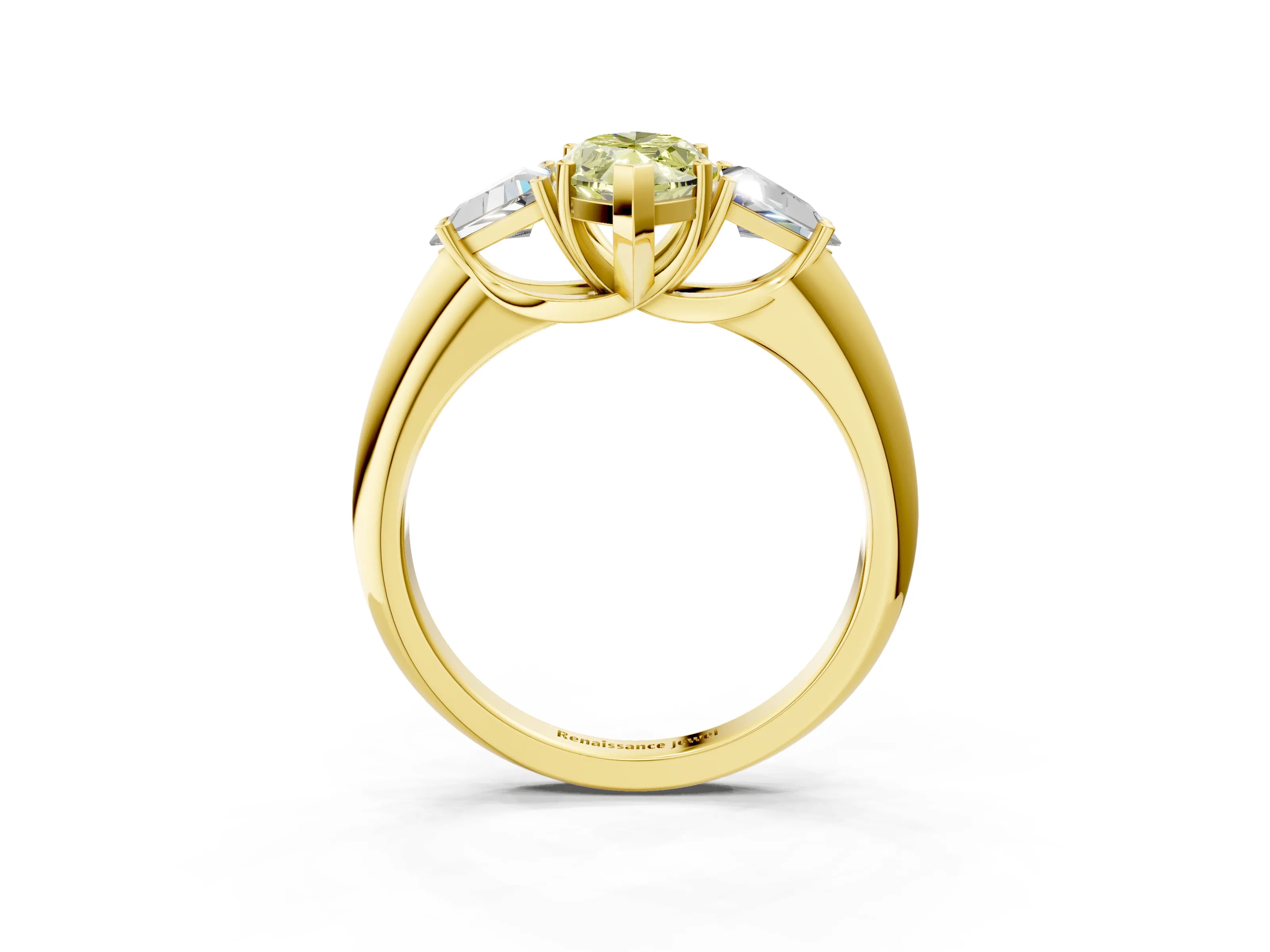 Yellow gold Three-Stone Fancy Yellow Marquise Cut Cut Diamond Ring with Trillion Side Stones and Four-Prong Setting_6