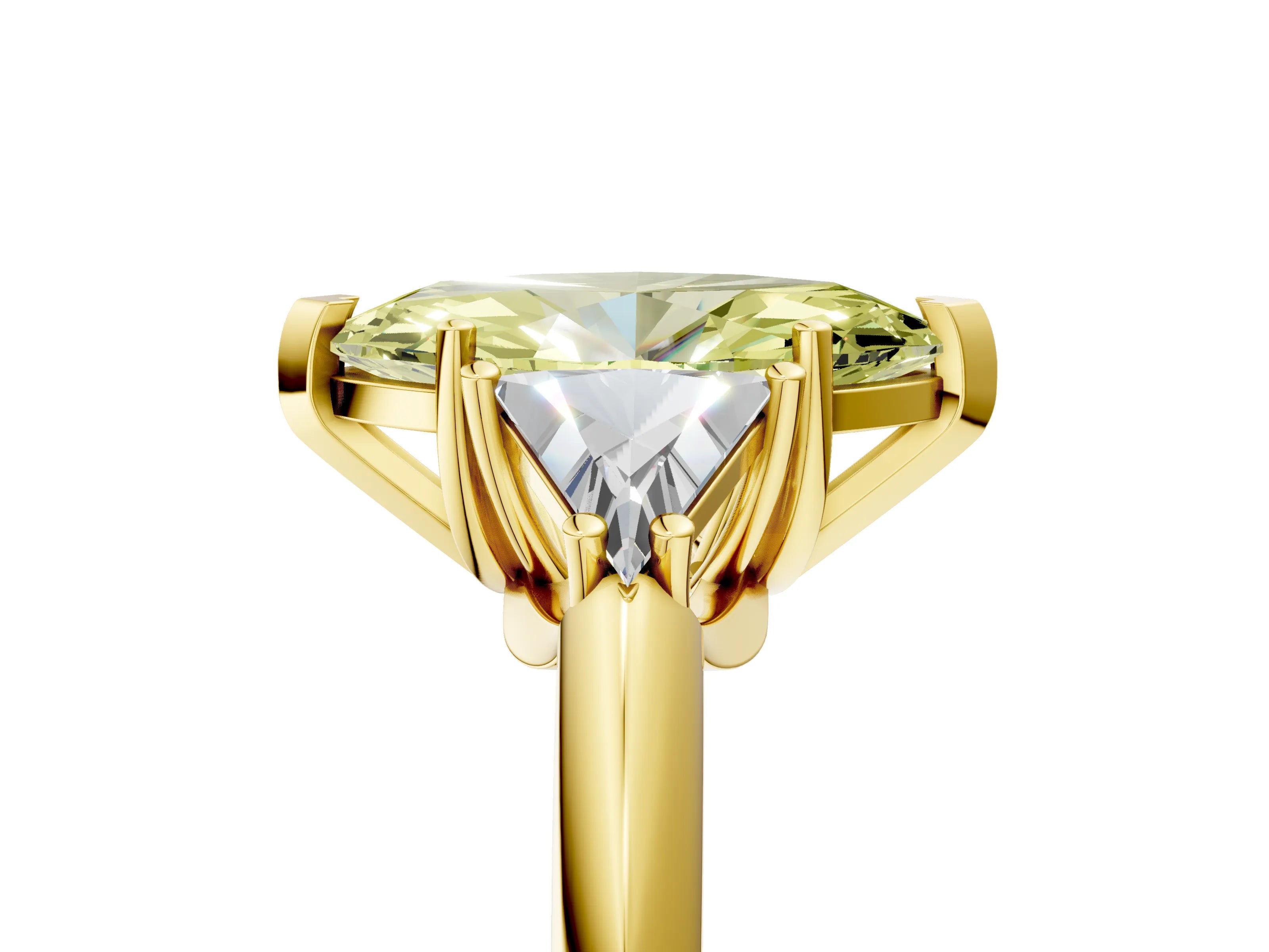 Yellow gold Three-Stone Fancy Yellow Marquise Cut Cut Diamond Ring with Trillion Side Stones and Four-Prong Setting_8