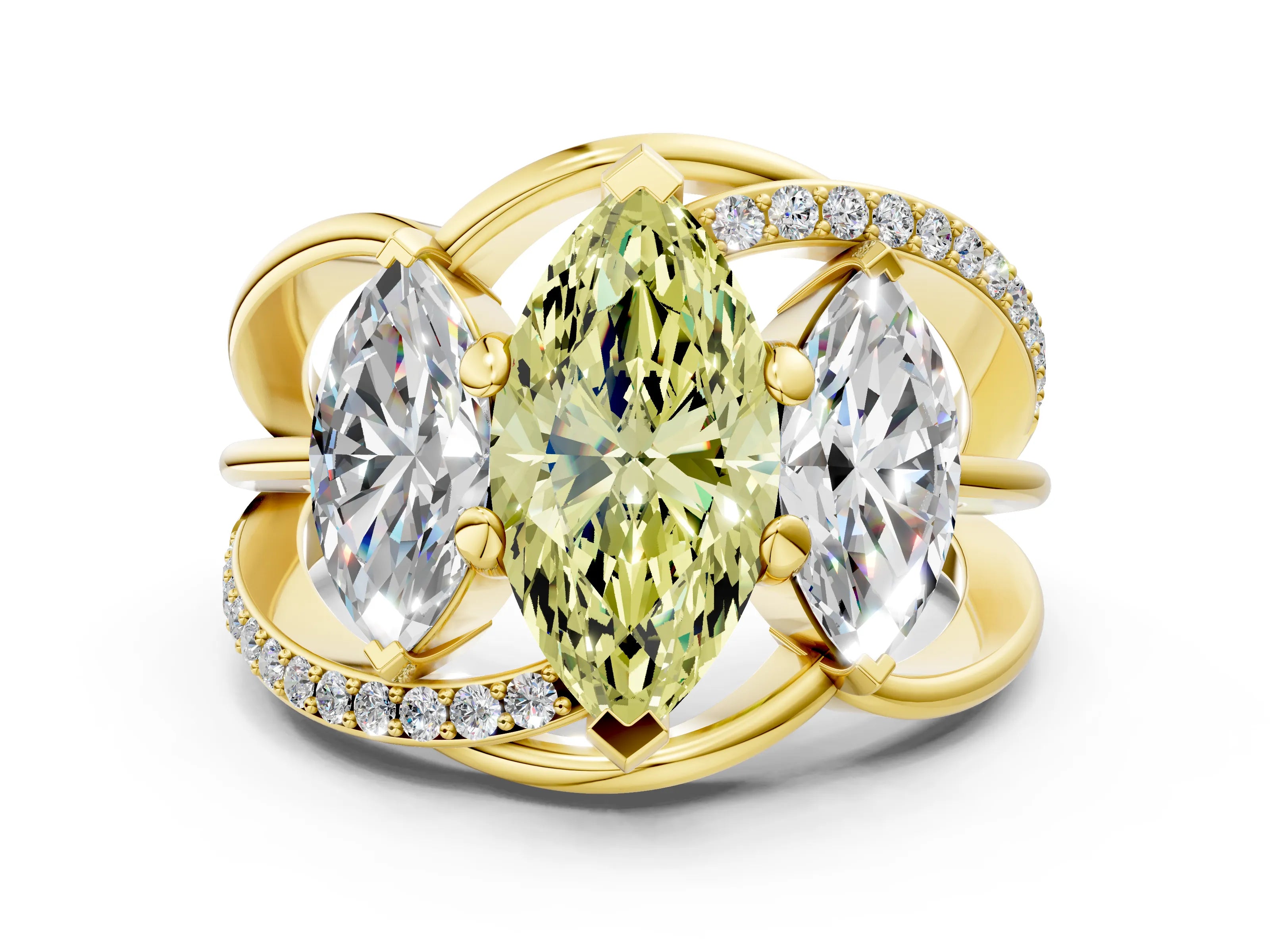 Yellow gold Three-Stone Fancy Yellow Marquise Cut Cut Diamond Split Shank Prong Set Ring