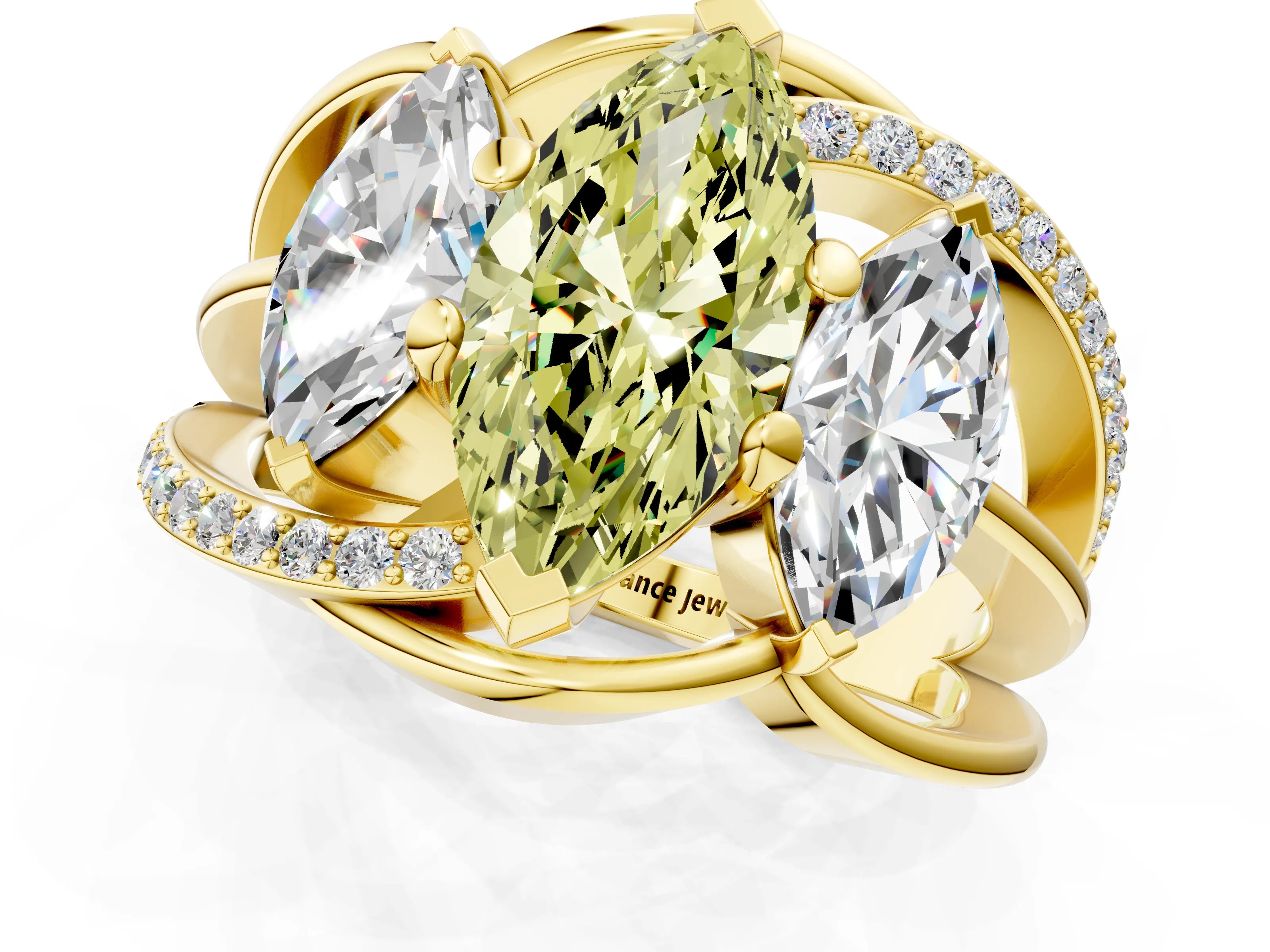 Yellow gold Three-Stone Fancy Yellow Marquise Cut Cut Diamond Split Shank Prong Set Ring_1