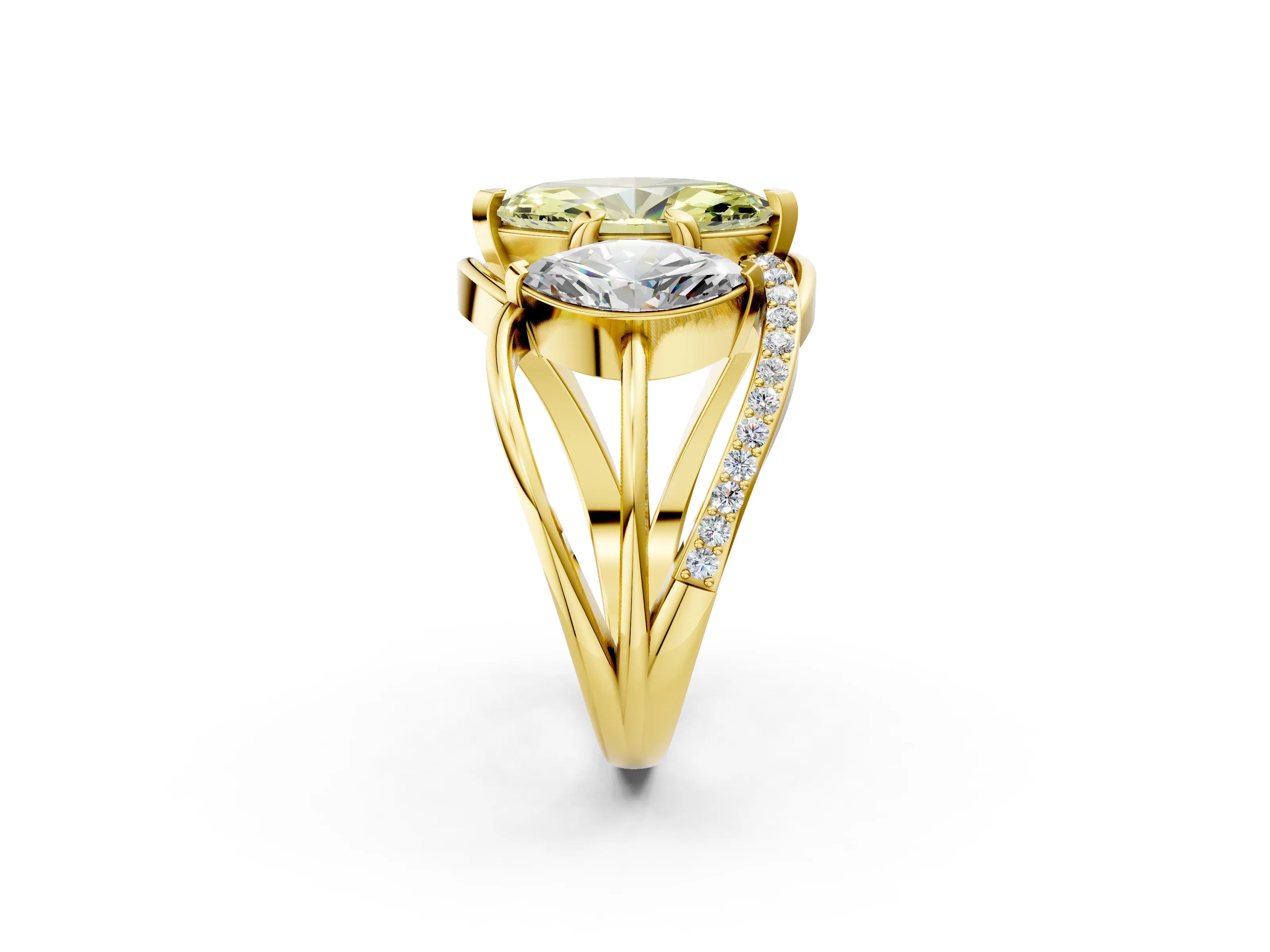 Yellow gold Three-Stone Fancy Yellow Marquise Cut Cut Diamond Split Shank Prong Set Ring_2