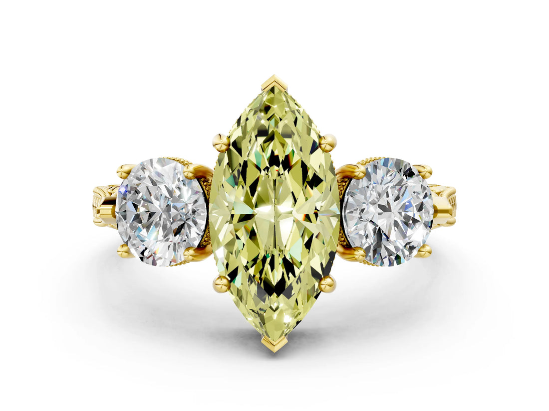 Yellow gold Three-Stone Fancy Yellow Marquise Cut Cut Milgrain Band Prong Setting Ring