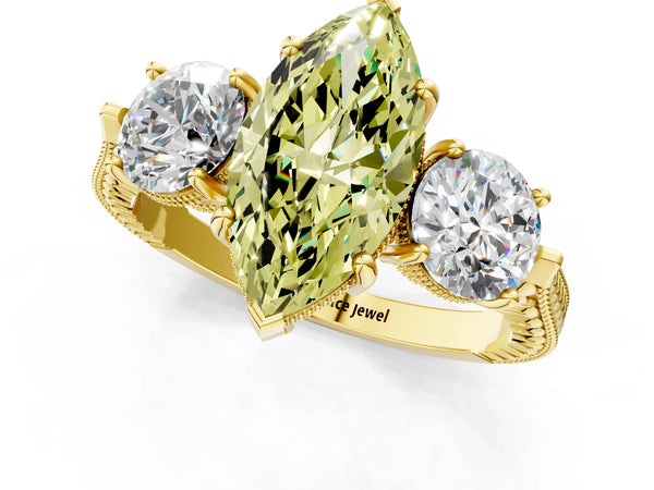 Yellow Gold Marquise Vintage Three Stone Engagement Ring Setting for Fancy Yellow Center