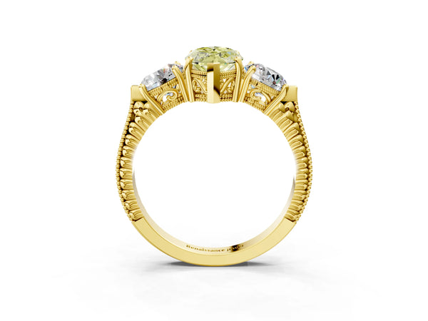 Yellow Gold Marquise Vintage Three Stone Engagement Ring Setting for Fancy Yellow Center