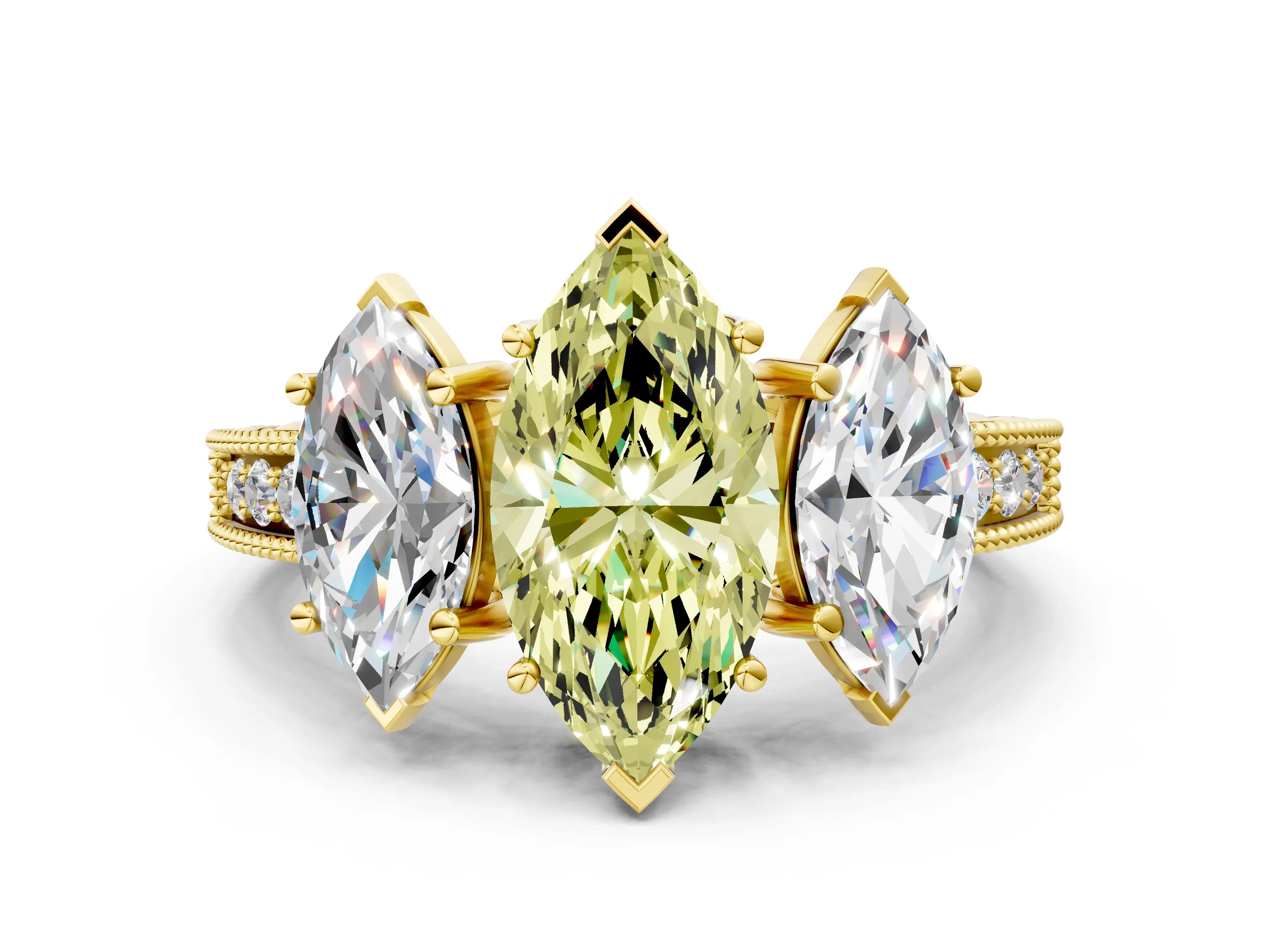 Yellow gold Three-Stone Fancy Yellow Marquise Cut Cut Milgrain Pavé Engagement Ring