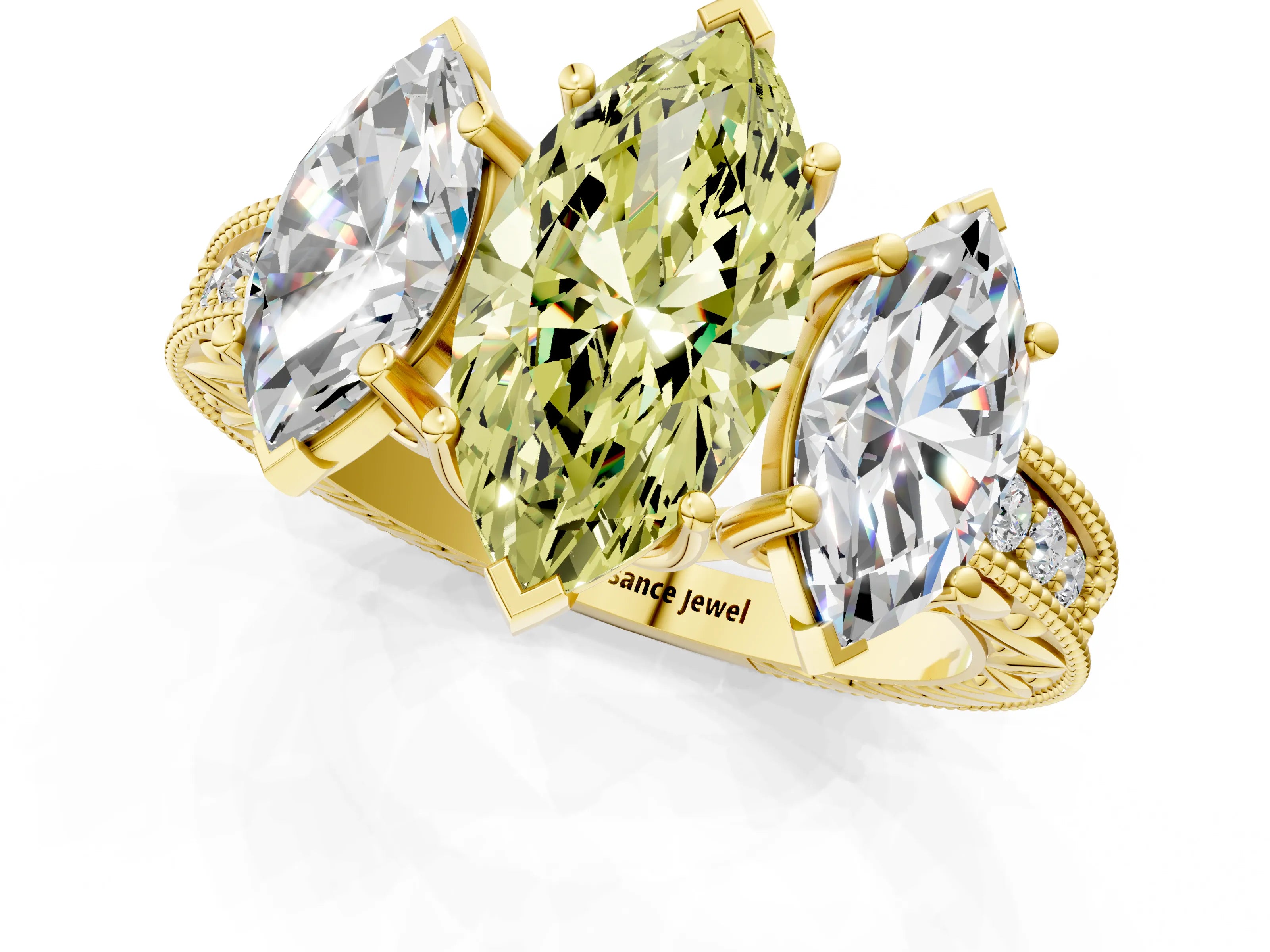 Yellow gold Three-Stone Fancy Yellow Marquise Cut Cut Milgrain Pavé Engagement Ring_1