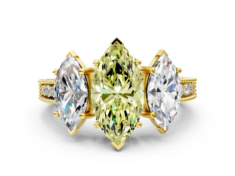 Yellow gold Three-Stone Fancy Yellow Marquise Cut Cut Milgrain Pavé Engagement Ring_12