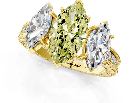 Yellow gold Three-Stone Fancy Yellow Marquise Cut Cut Milgrain Pavé Engagement Ring_1