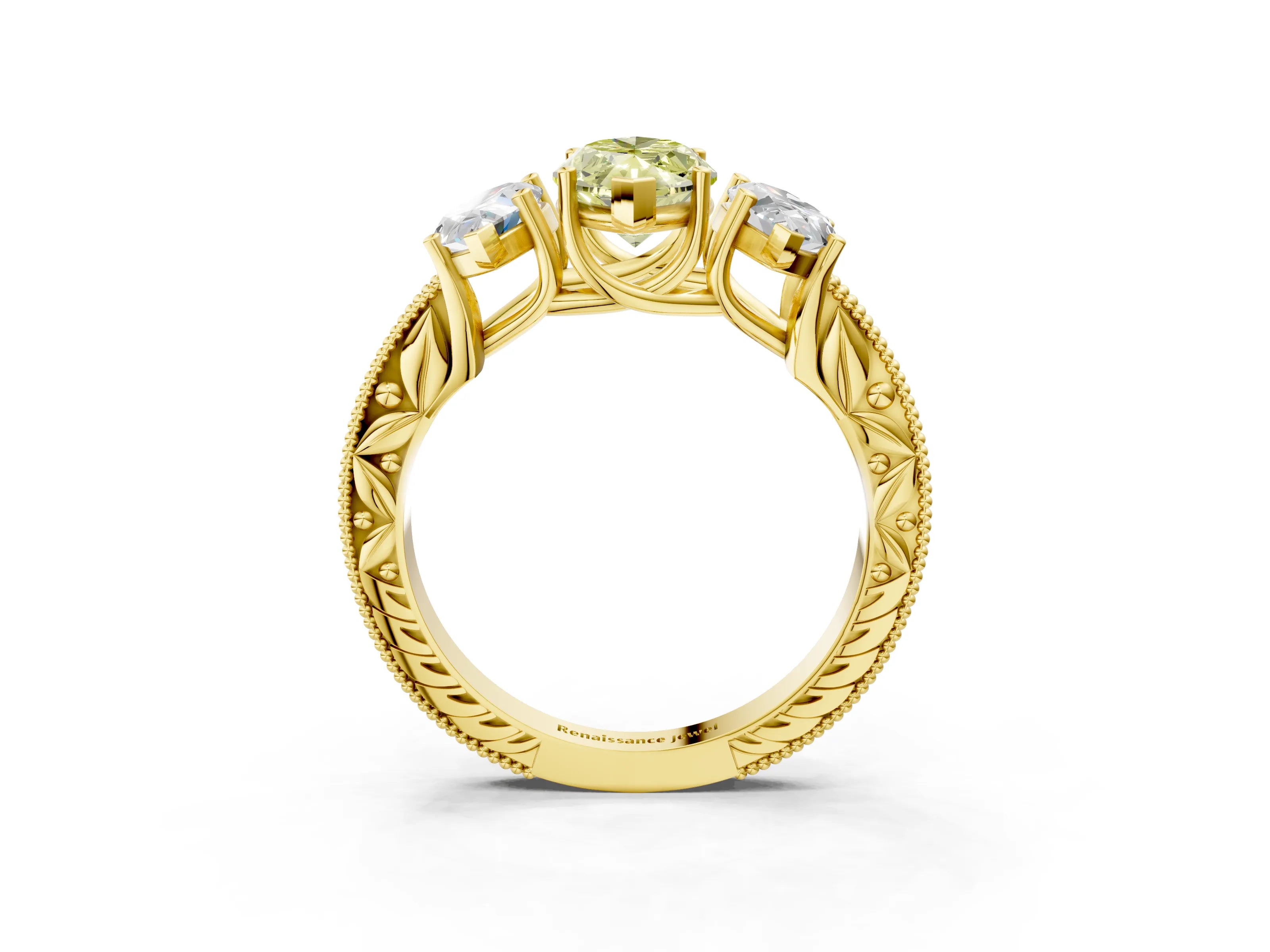 Yellow gold Three-Stone Fancy Yellow Marquise Cut Cut Milgrain Pavé Engagement Ring_3