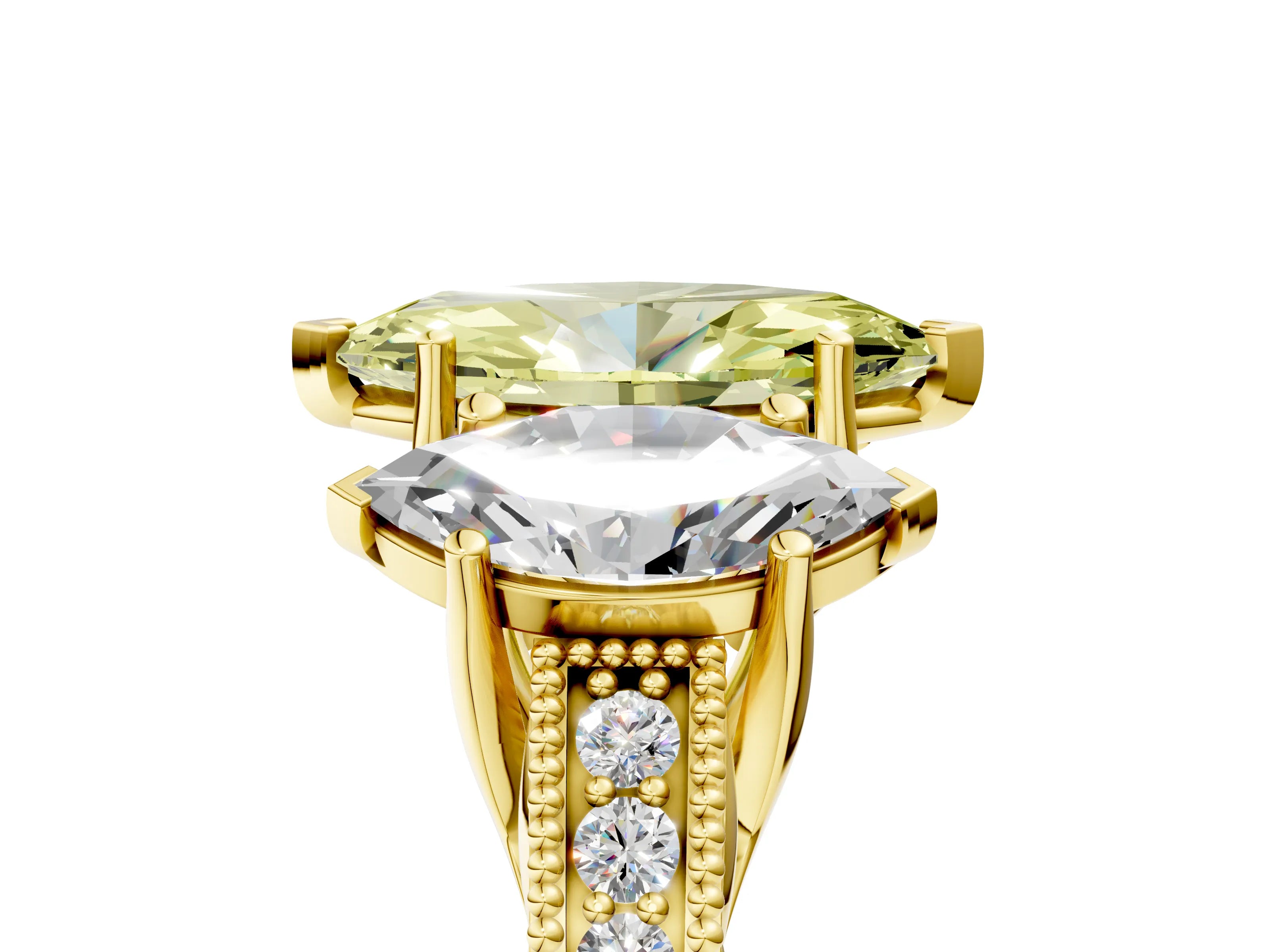 Yellow gold Three-Stone Fancy Yellow Marquise Cut Cut Milgrain Pavé Engagement Ring_5
