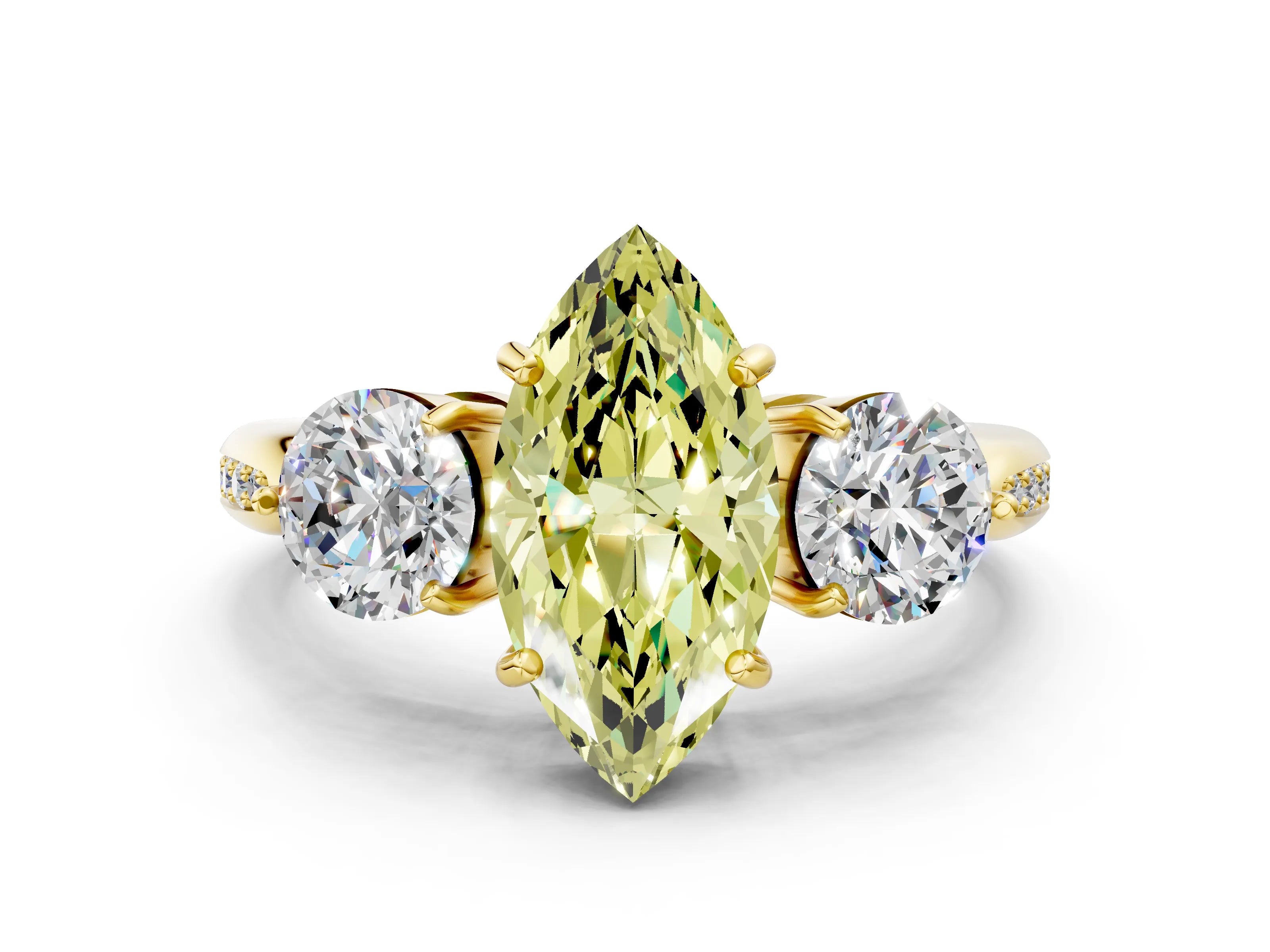 Yellow gold Three-Stone Fancy Yellow Marquise Cut Diamond Channel Set Engagement Ring with Prong Setting