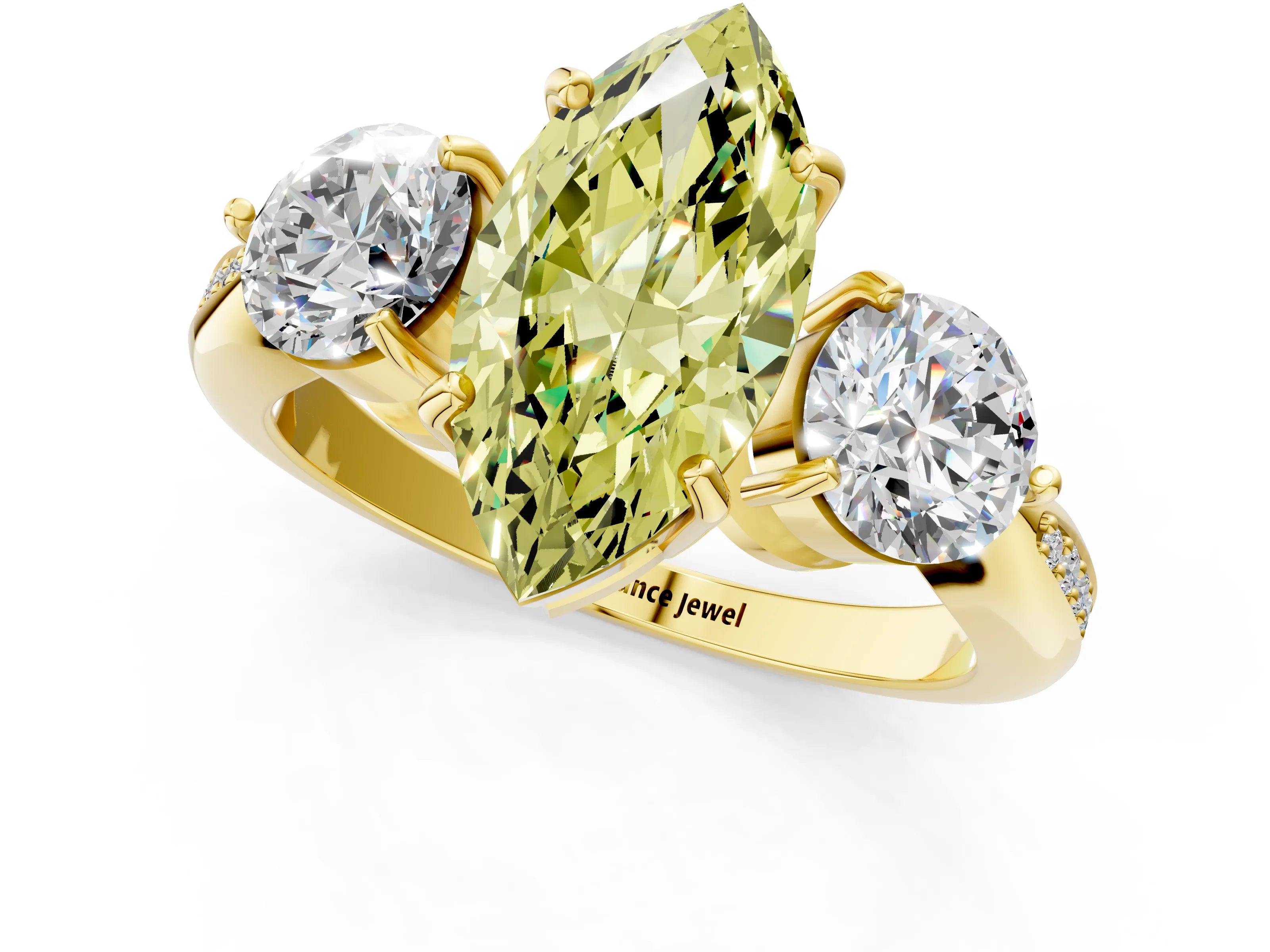 Yellow gold Three-Stone Fancy Yellow Marquise Cut Diamond Channel Set Engagement Ring with Prong Setting_1