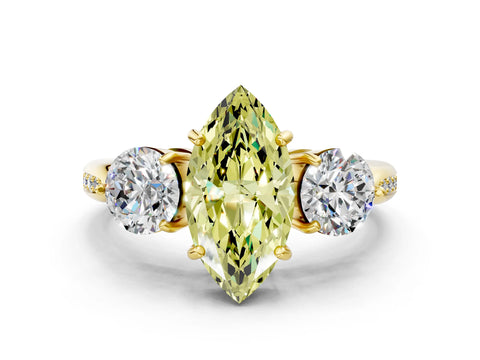 Yellow gold Three-Stone Fancy Yellow Marquise Cut Diamond Channel Set Engagement Ring with Prong Setting