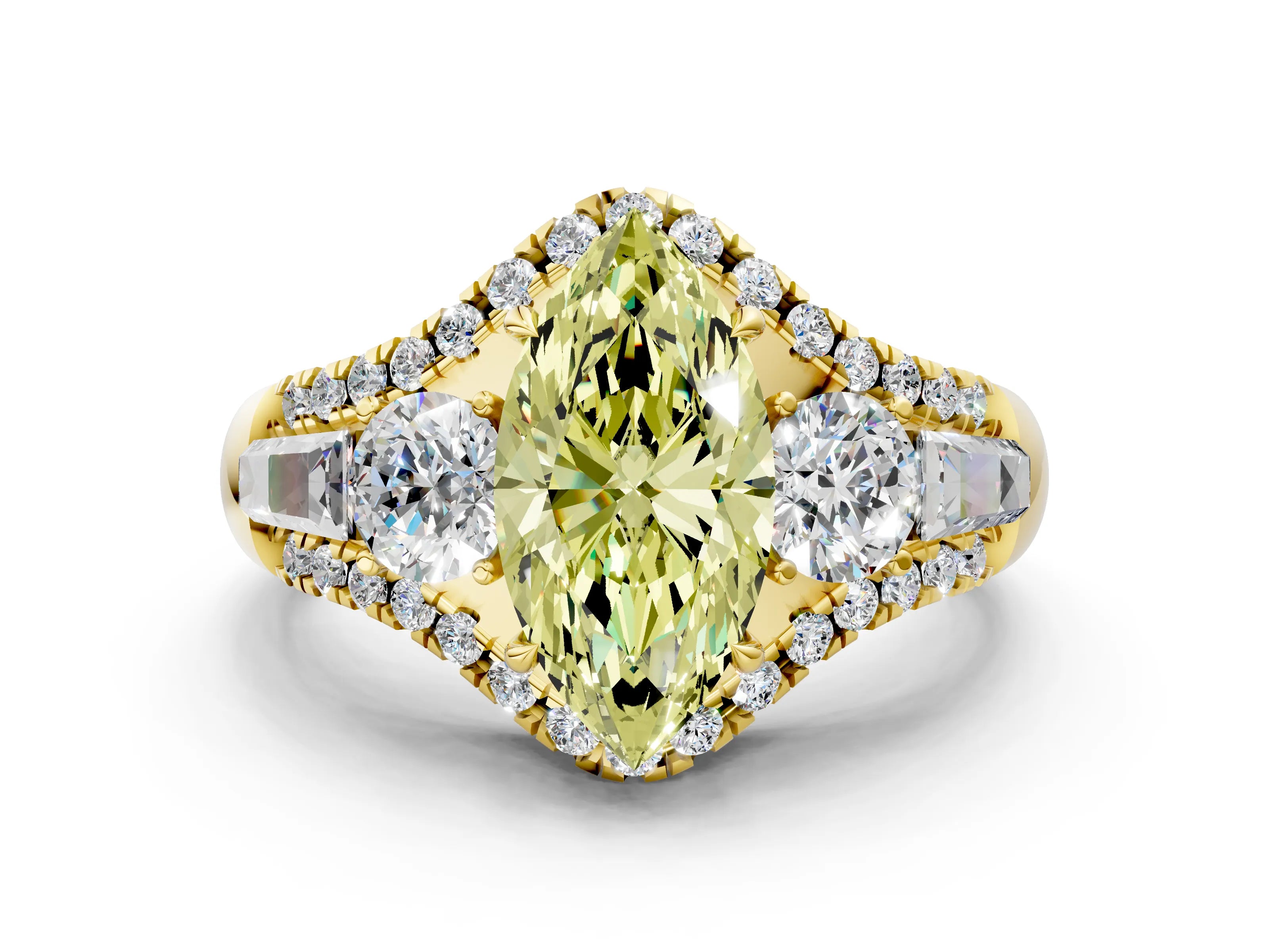Yellow gold Three-Stone Fancy Yellow Marquise Cut Diamond Engagement Ring with Pave Band and Prong Setting