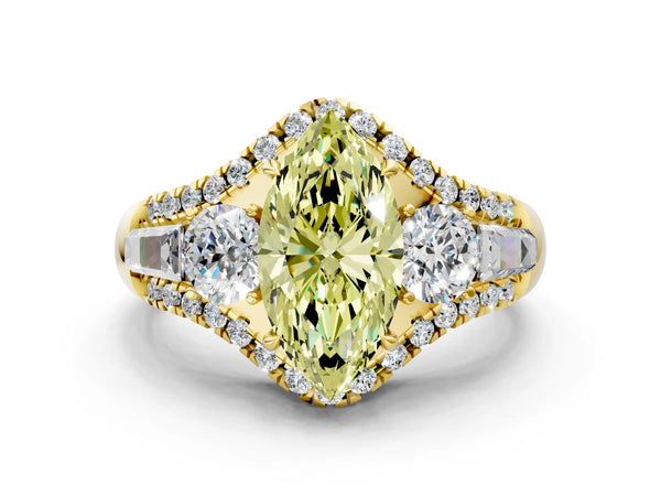 Yellow gold Three-Stone Fancy Yellow Marquise Cut Diamond Engagement Ring with Pave Band and Prong Setting